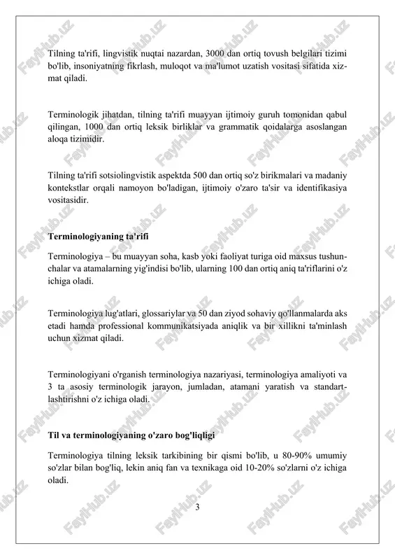 atamasi dastlab arpanet tarmog'ini anglatgan, ammo keyinchalik 1983-yildan boshlab global tarmoq tushunchasini ifodalay boshladi. yangi terminlarning paydo bo'lishi, xususan, 'blockchain' texnologiyasi rivojlanishi bilan 'kriptovalyuta' va 'nft' atamalari 2009-yildan so'ng terminologiyaga faol kirib keldi. tilshunoslik va terminologiya tilshunoslikda terminologiya, lug'atshunoslikning bir qismi sifatida, 1930-yillardan boshlab fan va texnikaning turli sohalaridagi atamalarni tizimlashtirish bilan shug'ullanadi. o'zbek terminologiyasi xx asrda shakllana boshladi, unda arab va fors tillaridan o'zlashgan so'zlar bilan bir qatorda, rus tilidan ham ko'plab atamalar qabul qilindi. terminologiya sohasida gost 7.79-2000 standarti kabi me'yoriy hujjatlar mavjud bo'lib, ular atamalarni to'g'ri qo'llash va yozish qoidalarini belgilaydi. terminologiyaning sohalari texnik terminologiya muhandislik, it va sanoat kabi sohalarda aniqlikni ta'minlaydi, masalan, '10 gigabit ethernet' yoki 'plc' (dasturlanadigan mantiqiy kontroller) atamalari xato talqin qilishning oldini oladi. yuridik terminologiya huquq sohasida muhim, 'habeas corpus' yoki 'pro bono' kabi atamalar qonuniy hujjatlar va sud jarayonlarida huquqiy aniqlikni ta'minlash uchun qo'llaniladi, 5-modda asosida. tibbiy terminologiya 'kardiovaskulyar', 'gipotermiya' va …