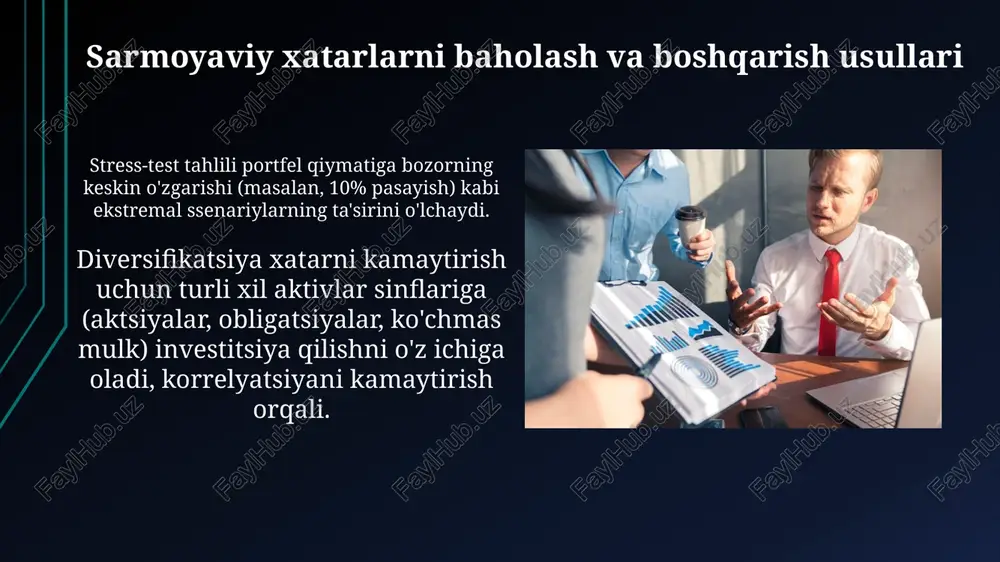 shqarish vositalari va texnologiyalari sug'urta polisi xatarlarni moliyaviy himoya bilan kamaytiradi, bu kompaniyaga kutilmagan yo'qotishlar tufayli 25% gacha zararni qoplash imkonini beradi. sun'iy intellekt algoritmlari bozorni tahlil qilishda yordam beradi, 80% aniqlik darajasi bilan aktivlar narxining o'zgarishini bashorat qila oladi. muvaffaqiyatli xatarni boshqarish bo'yicha misollar global moliya inqirozi paytida, bir nechta investitsiya firmalari diversifikatsiyalashgan portfel va qat'iy xatarni baholash modellari tufayli katta yo'qotishlardan qochishga muvaffaq bo'lishdi. barqaror investitsiyalar sohasida kompaniyalar esg mezonlariga (ekologik, ijtimoiy, boshqaruv) muvofiq investitsiyalarni amalga oshirish orqali uzun muddatli xatarlarni kamaytirishga erishmoqdalar. e'tiboringiz uchun rahmat image2.jpg image3.jpg image4.jpg image5.jpg image6.jpg image7.jpg image8.jpg image9.jpg image10.jpg image11.jpg image12.jpg image13.jpg