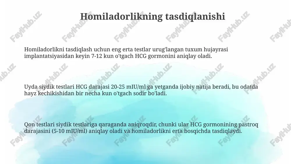 g so'nggi trimestrlarida chap tomonda uxlash plasentaga qon oqimini yaxshilaydi, bunda vena kavaning siqilishini oldini olish muhim ahamiyatga ega. homiladorlik davrida xavfsiz dorilar ko'pchilik homilador ayollar uchun paratsetamol (500 mg) qisqa muddatli og'riqni yo'qotish uchun xavfsiz hisoblanadi, lekin dozasini oshirmaslik va shifokor bilan maslahatlashish zarur. homiladorlikning dastlabki 12 haftasida faqat shifokor ko'rsatmasi bilan foliy kislotasi (400 mkg) va d vitamini (1000-2000 iu) kabi muhim vitaminlar qabul qilish xavfsizdir. agar qabziyat kuzatilsa, tolali mahsulotlar iste'mol qilish va shifokor bilan maslahatlashgan holda psyllium tolasi kabi tabiiy laksatiflar (5-10 gramm) xavfsiz bo'lishi mumkin. homiladorlik davrida qilinishi mumkin bo'lmagan narsalar homiladorlik davrida xom go'sht, pishirilmagan dengiz mahsulotlari (masalan, sushi) va pasterizatsiyalanmagan sut mahsulotlaridan qochish kerak, chunki ular listeriya va toksoplazmoz xavfini oshiradi. alkogolli ichimliklar va chekish homiladorlik paytida mutlaqo taqiqlanadi, chunki ular bolada tug'ma nuqsonlar, muddatidan oldin tug'ilish va boshqa jiddiy sog'liq muammolariga olib kelishi mumkin. rentgen nurlari va boshqa radiatsiya turlari homiladorlikning birinchi …