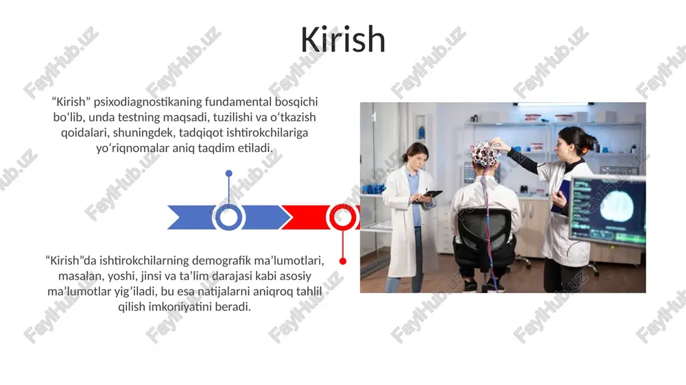 g sub’ektivligini ta’kidlaydi. intellektni o'lchash uchun veksler shkalalari kabi kognitiv testlar mavjud bo'lib, ular so'z boyligi, mantiq va xotira kabi 11 ta subtest orqali ballarni hisoblab, iq ko'rsatkichini aniqlaydi. intervyu va kuzatuv metodlari intervyu metodida standartlashtirilgan so'rovlar 80% aniqlikka erishsa, kuzatuvda xolislik uchun kamida 3 nafar ekspert 95% kelishuvga erishishi zarur. kuzatuvning abc tahlili (antecedent, behavior, consequence) namunalarni aniqlashda 75% samarali, intervyu esa anamnez yig'ishda 90% hollarda qo'llaniladi. testlash metodlari testlash metodlariga proyektiv testlar kiradi, masalan, rorshax siyoh dog'lari testi, shaxsiyatni baholash uchun noaniq stimuldan foydalanish orqali sub'ektiv interpretatsiyalarga asoslanadi. iq testlari, masalan, veksler kattalar intellekt shkalasi (wais), kognitiv qobiliyatni standartlashtirilgan vazifalar orqali o'lchaydi va natijada 100 o'rtacha ko'rsatkich bo'lgan iq ballini beradi. proektiv metodlar rorschax dogʻlari testi va tematik appertseptsiya testi (tat) kabi proyektiv metodlar subyektivlikka moyil boʻlganligi sababli 0.3 dan 0.5 gacha boʻlgan past validlik koeffitsientlariga ega. proyektiv metodlar shaxsning yashirin jihatlarini ochishga qaratilgan boʻlib, test topshiruvchiga noaniq …