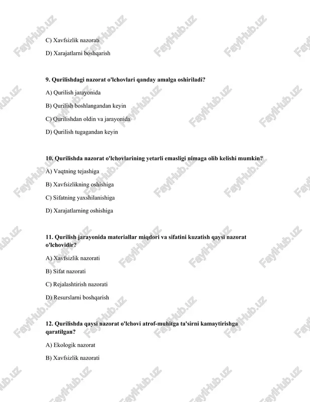 slik orqali b) maxsus tuzatish harakatlari orqali c) yangi loyiha boshlash orqali d) jarima to'lash orqali 24. qurilishda nazorat o'lchovlari qanchalik tez-tez o'tkazilishi kerak? a) qurilishning har bir bosqichida b) faqat qurilish oxirida c) kamdan-kam d) har kuni 25. qaysi nazorat o'lchovi qurilishda yuzaga kelishi mumkin bo'lgan risklarni aniqlashga qaratilgan? a) xavfsizlik nazorati b) risklarni boshqarish c) sifat nazorati d) rejalashtirish nazorati 26. qurilish texnikasi va uskunalarining holati qaysi nazorat o'lchovi doirasida tekshiriladi? a) rejalashtirish nazorati b) xavfsizlik nazorati c) uskunalar nazorati d) sifat nazorati 27. qurilishda qaysi nazorat o'lchovi atrof-muhitga zarar yetkazilishining oldini olishga qaratilgan? a) sifat nazorati b) rejalashtirish nazorati c) ekologik nazorat d) xavfsizlik nazorati 28. qurilishda ishchilar tomonidan ishlatiladigan shaxsiy himoya vositalari (shhv) qaysi nazorat o'lchovi orqali tekshiriladi? a) resurslarni boshqarish b) sifat nazorati c) rejalashtirish nazorati d) xavfsizlik nazorati 29. qurilishda qaysi nazorat o'lchovi ish jarayonining to'g'ri olib borilishini ta'minlaydi? a) sifat nazorati b) jarayon …