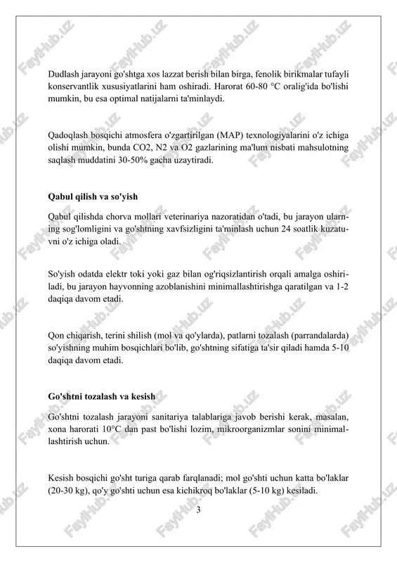 qayta ishlash korxonalarida sanitariya nazorati minimal darajada 200 luks yoritishni, 100 ppm xlor eritmasidan foydalanishni va ishchilar uchun qo'l yuvish stantsiyalarini talab qiladi. gigiena talablari har 4 soatda uskunalarni tozalashni, har bir partiyadan keyin dezinfektsiyalashni va 0,5% peruks kislota eritmasi bilan ishlov berishni o'z ichiga oladi. sanitariya standartlarida zararkunandalarga qarshi kurash dasturi majburiydir, bunda kamida 3 turdagi kemiruvchilarga qarshi vositalardan foydalanish va har oyda tekshiruv o'tkazish kerak. sifat nazorati sifat nazorati jarayonida har bir partiya go'sht mahsulotlaridan namunalar olinib, kimyoviy tarkibi, mikrobiologik holati va fizik xususiyatlari bo'yicha 10 dan ortiq testlardan o'tkaziladi. go'shtni qayta ishlash korxonalarida haccp (xavf tahlili va kritik nazorat nuqtalari) tizimi joriy etilgan bo'lib, bu tizim go'sht ishlab chiqarishning barcha bosqichlarida 7 ta asosiy xavfni nazorat qiladi. sifat nazorati laboratoriyalari iso/iec 17025 standartiga muvofiq akkreditatsiyadan o'tgan bo'lishi kerak. bu laboratoriyalar kamida 5 ta mutaxassis xodimga ega bo'lib, ularning 3 nafari oliy ma'lumotli bo'lishi talab etiladi. xavfsizlik choralari …