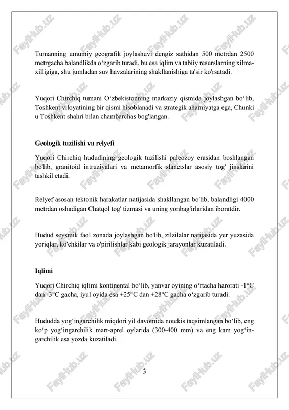 ista, bodom va turli xil mevali daraxtlar, bu esa biologik xilma-xillikni oshiradi. yuqori chirchiqda 100 dan ziyod dorivor oʻsimliklar mavjud boʻlib, ular xalq tabobatida keng qoʻllaniladi va farmatsevtika sanoati uchun xomashyo hisoblanadi. hayvonot dunyosi o'rta chirchiq hududida 300 dan ortiq qush turlari uchraydi, shu jumladan, noyob burgutlar va qirg'iylar, ularning migratsiya yo'llari ushbu mintaqadan o'tadi. daryo bo'ylarida ondatra kabi kemiruvchilarning 15 ga yaqin turi mavjud bo'lib, ularning soni suv ekosistemasi holatiga bog'liq holda o'zgaradi. tog'li hududlarda turkiston silovsini va bo'rsiq kabi 10 dan ortiq sutemizuvchilar yashaydi, ularning arealining o'zgarishi antropogen ta'sir bilan bog'liq. tabiiy resurslari yuqori chirchiq hududida 10 dan ortiq turdagi qurilish materiallari, jumladan, ohaktosh zaxiralari mavjud boʻlib, ular mahalliy qurilish ehtiyojlarini qondirish uchun yetarli deb baholanadi. daryo vodiylarida joylashgan unumdor allyuvial tuproqlar qishloq xoʻjaligi uchun qulay sharoit yaratadi, ayniqsa, meva-sabzavot yetishtirish va chorvachilikda 60 foizdan ortiq hosildorlikni ta’minlaydi. hududda 15 dan ortiq kichik gidroenergetika resurslari mavjud bo'lib, ular …