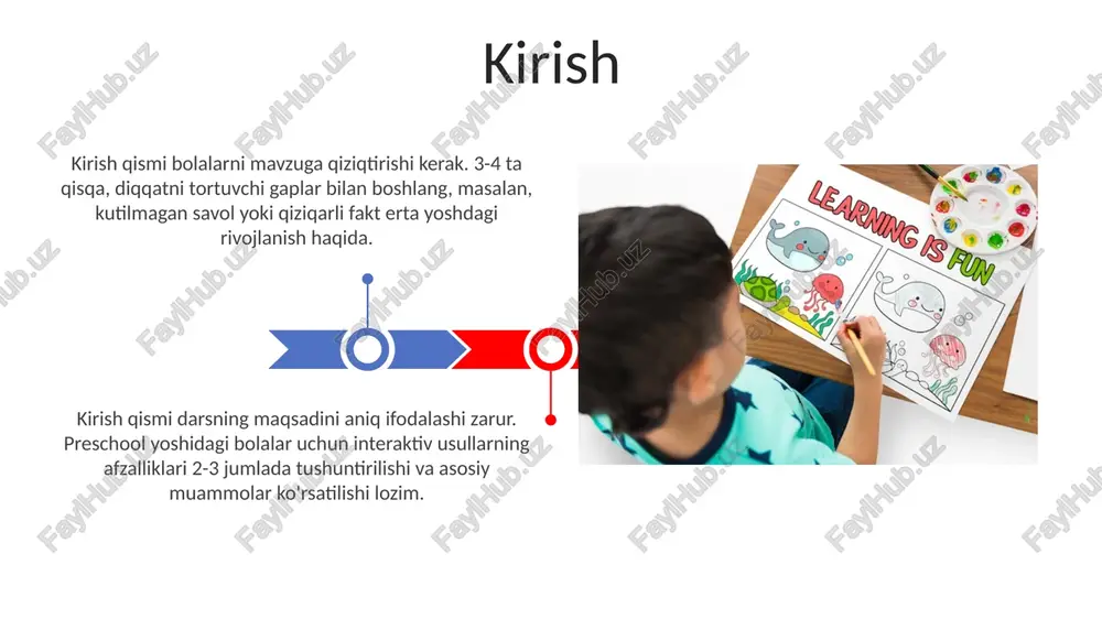 ing motorika ko'nikmalarini rivojlantirishga yordam beradi, bu ularning qo'l-ko'z koordinatsiyasini mustahkamlaydi. interaktiv o'qitish uslublarining afzalliklari interaktiv usullar 5 yoshgacha bo'lgan bolalarda diqqatni jamlash qobiliyatini 25% ga oshiradi, bu esa keyingi ta'lim uchun mustahkam zamin yaratadi. guruhli o'yinlar orqali interaktiv ta'lim bolalarning 30% ko'proq ijtimoiy ko'nikmalarini rivojlantiradi, hamkorlik va empatiyani shakllantiradi. interaktiv o'qitish uslublarining kamchiliklari bunday usullar ko'proq vaqt talab qilishi mumkin, xususan, har bir 3-4 yoshli bolaning ehtiyojlarini qondirish uchun moslashtirilgan materiallar yaratishda qiyinchiliklar tug'iladi. interaktiv darslar 1-2 yoshli bolalarda haddan tashqari stimulyatsiyaga olib kelishi mumkin, bu ularning e'tiborini jamlash va o'rganish qobiliyatiga salbiy ta'sir ko'rsatadi. muammolarni hal qilish strategiyalari grafik tashkilotchilar, masalan, 4-5 ta qadamni o'z ichiga olgan blok-sxemalar, muammolarni tasavvur qilish va hal qilish bosqichlarini vizuallashtirishga yordam beradi. muammolarni hal qilishda "sinab ko'rish va xato qilish" strategiyasi muhim, bolalar turli yechimlarni qo'llab, 2-3 muvaffaqiyatsizlikdan so'ng to'g'ri javobni topadilar. ota-onalar va o'qituvchilar hamkorligi ushbu hamkorlik 3-5 yoshli bolalarda ijtimoiy-emotsional …