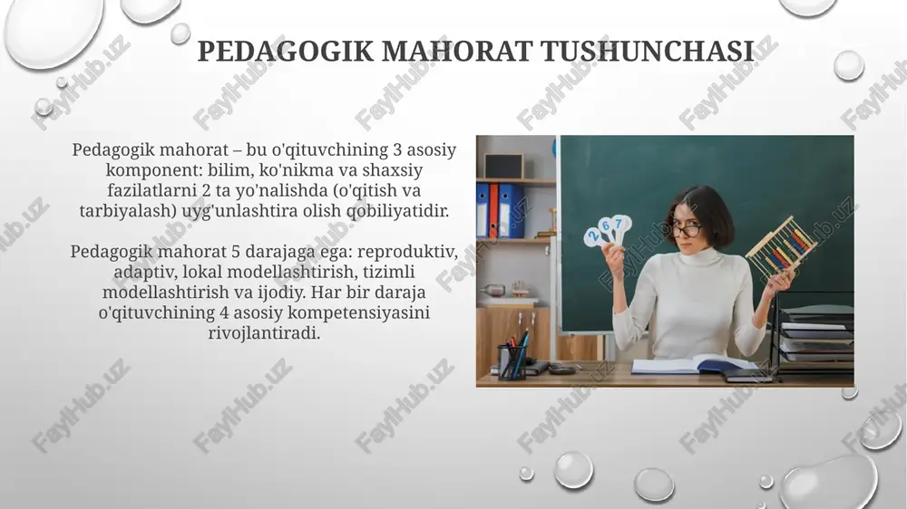 ligi, ravonligi va ifodaliligi pedagogik mahoratning muhim tarkibiy qismidir. nutq madaniyati 3 asosiy elementni o'z ichiga oladi: til boyligi, nutq texnikasi (masalan, 45-50 so'z/minut tezlik) va auditoriya bilan samarali aloqa o'rnatish usullari. pedagogik mahoratni rivojlantirish usullari oʻz-oʻzini tahlil qilish orqali, dars jarayonida 360 graduslik baholash usulidan foydalanib, oʻqituvchi 5 ta asosiy koʻnikmani rivojlantirish strategiyasini aniqlashi mumkin. pedagogik mahoratni rivojlantirish uchun 7-10 kunlik intensiv treninglar tashkil etish, unda interaktiv metodlar va 2 xil simulyatsion oʻyinlar qoʻllanilishi samarali hisoblanadi. pedagogik mahoratni baholash mezonlari pedagogik mahorat baholash mezonlari o'quvchilarning bilim darajasini oshishi (kamida 15-20%), darsdagi faolligi va mustaqil fikrlash qobiliyatining rivojlanishini o'z ichiga oladi. baholashda o'qituvchining darsni tashkil etish (80-90%), innovatsion metodlardan foydalanishi (masalan, keys-stadilar), hamkorlik muhitini yaratishi kabi ko'rsatkichlar hisobga olinadi. e'tiboringiz uchun rahmat image2.png image5.jpg image6.jpg image7.jpg image8.jpg image9.jpg image10.jpg image11.jpg image12.jpg image13.jpg image14.jpg image15.jpg image16.jpg image3.png