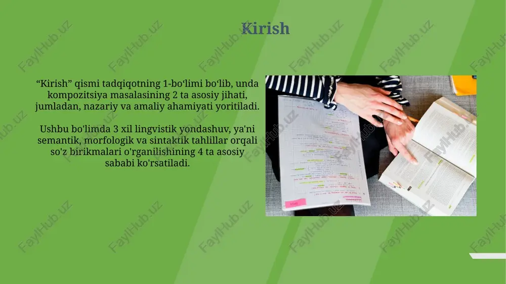 irliklarni idrok etishni ta’minlash. 2-tamoyil esa so‘z yasalishining ma’no qirralarini ochib berishga qaratilgan 3 vazifani o‘z ichiga oladi. o'quv mashqlarida 5 xil yondashuv mavjud: analiz, sintez, differensiallash, integratsiya va transformatsiya. bu yondashuvlar talabalarning so‘z tarkibi haqidagi 4 ta asosiy tushunchasini rivojlantiradi. mashqlar namunasi va tahlili 1-mashq: so'zlarni tarkibiy qismlarga ajratish, masalan, 'bog'bon' so'zini 'bog'' va 'bon' elementlariga ajratib, har bir elementning ma'nosini izohlash va 2-3 ta misol keltirish talab etiladi. 5-mashq: o'zak va qo'shimchalarning o'zaro ta'sirini tushuntirish, ya'ni, 'kitob' o'zagiga 'xon', 'do'kon' qo'shimchalarini qo'shib, 'kitobxon', 'kitob do'koni' so'zlarining ma'nosidagi 3 xil farqni aniqlash kerak. xulosa xulosa oʻquvchilarga darsda oʻrganilgan asosiy tushunchalarni 2-3 ta muhim fikrga jamlashga yordam beradi, bu esa materialni mustahkamlash uchun zarur. kompozitsiya boʻyicha mashqlarni tashkil etishda xulosa, odatda, 3-bosqichda, nazariy maʼlumotlar va amaliy mashqlardan keyin oʻrin egallaydi. e'tiboringiz uchun rahmat image2.jpg image3.jpg image4.jpg image5.jpg image6.jpg image7.jpg image8.jpg image9.jpg image10.jpg image11.jpg image12.jpg image13.jpg
