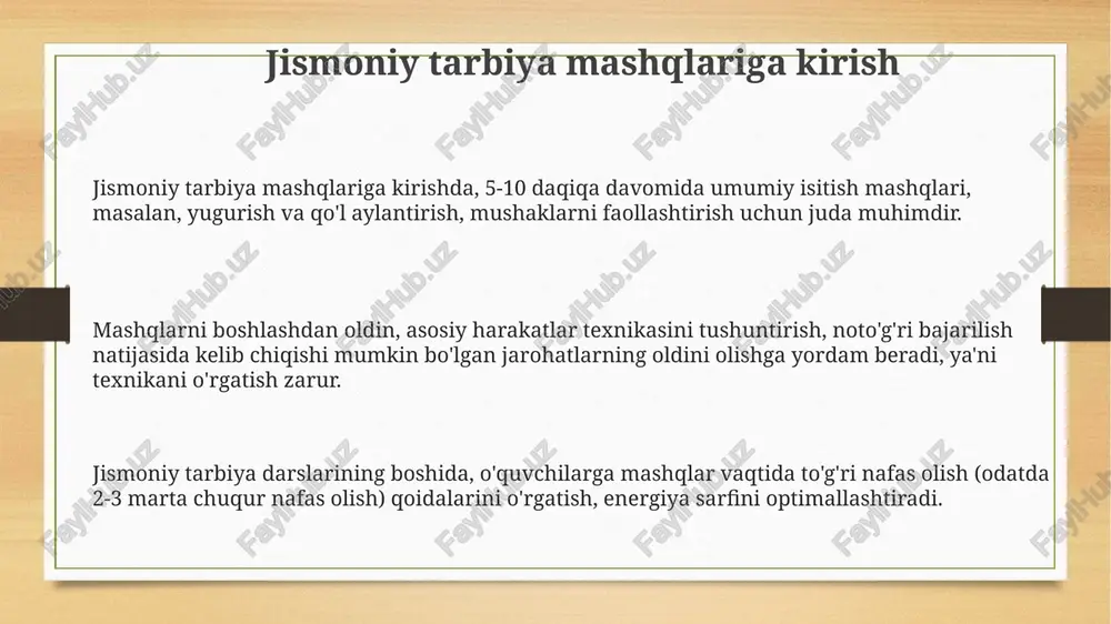 tezligini oshiradi. sovutish mashqlari sovutish mashqlarining davomiyligi 5 dan 10 minutgacha bo'lishi kerak, bu muskullarda laktat kislotasining to'planishini kamaytiradi va mushaklarning qattiqlashuvining oldini oladi. sovutish mashqlari, masalan, yengil kardio va cho'zilishlar, yurak urishini 120 dan 100 gacha yoki undan pastga asta-sekin kamaytirishga yordam beradi. izotonik sovutish mashqlari qonni oyoqlardan yurakka qaytarishga yordam beradi, bu mashqdan keyingi gipotenziya xavfini 20 foizga kamaytirishi mumkin. e'tiboringiz uchun rahmat image3.png image4.png