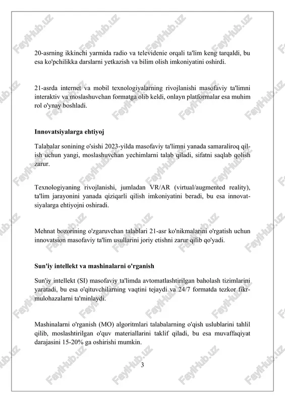 n o'qitishdagi simulyatsiyalar va virtual muhitlar talabalarga 80% gacha real hayotiy vaziyatlarni boshqarish ko'nikmalarini rivojlantirishga yordam beradi. mikro o'rganish mikro oʻrganish – bu 3-7 daqiqagacha boʻlgan kichik, aniq oʻquv birliklariga eʼtibor qaratuvchi strategiya boʻlib, talabalarning diqqatini jamlash va qisqa vaqt ichida tez oʻrganishga yordam beradi. ushbu usul 1960-yillarda psixologiya sohasida ishlab chiqilgan boʻlib, kognitiv yukni kamaytirish va ma’lumotni tezroq oʻzlashtirishga moʻljallangan; bu masofaviy ta’lim uchun muhim afzallikdir. mikro oʻrganish interaktiv video, infografika va viktorinalarni oʻz ichiga oladi; bu resurslar 80-90% koʻproq talabalarni jalb qiladi va an’anaviy uzun formatli kurslarga nisbatan yaxshiroq natijalarni ta’minlaydi. ochiq ta'lim resurslari (oer) ochiq ta’lim resurslari (oer) – bu o’quv, o’qitish va tadqiqot maqsadlarida bepul foydalanishga ruxsat etilgan, 5 ta ruxsat bilan ta’minlangan materiallardir. oer odatda litsenziyalar, masalan, creative commons litsenziyalari orqali taqdim etiladi va foydalanuvchilarga 4r faoliyatini (retain, reuse, revise, remix) amalga oshirishga imkon beradi. oer resurslari matnlar, videolar va interaktiv simulyatsiyalar kabi turli formatlarda …