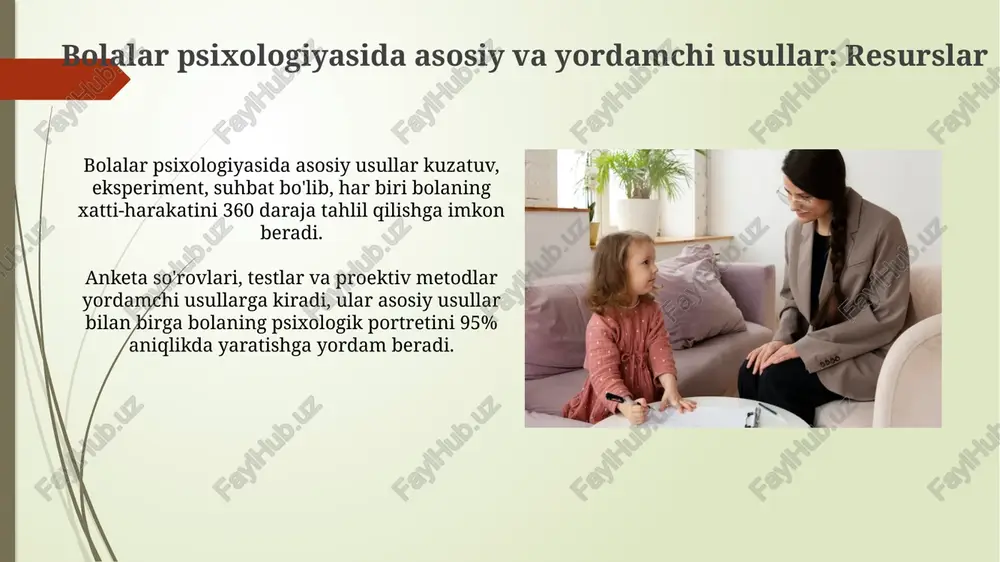 iyani kuchaytiradi. san'at terapiyasi 4 bosqichdan iborat: isinish, tadqiqot, ishlov berish va yakunlash. har bir bosqich bolaning o'zini ifodalash va davolanish jarayonida muhim rol o'ynaydi. musiqa terapiyasi: bolalarga ta'siri musiqa terapiyasi bolalarning emotsional holatini yaxshilashda yordam beradi, xususan, depressiya darajasini 25-30% kamaytirish va kayfiyatni ko'tarishda samarali hisoblanadi. ushbu terapiya autizm spektridagi bolalarda kommunikatsiya qobiliyatlarini rivojlantirishga yordam beradi, so'z boyligini 15-20% ga oshiradi va ijtimoiy o'zaro ta'sirni kuchaytiradi. biblioterapiya: kitoblardan foydalanish biblioterapiya – bu bolaning emotsional muammolarini hal qilish uchun 3-5 yoshdagi kitoblardan foydalanishning maxsus usuli, tushuntirish va o'rganish bilan birga. ushbu usul 7-12 yoshdagi bolalarga o'zlarini qahramonlar bilan solishtirishga, 15-20 daqiqa davomida o'qish orqali empatiya va yechimlarni topishga yordam beradi. oilaviy terapiya: o'zaro munosabatlar oilaviy terapiya o'zaro munosabatlarni baholash uchun genogramma usulidan foydalanadi, bu 3 avlod davomida oilaviy naqshlarni vizual tarzda ifodalash orqali tahlil qilish imkonini beradi. o'zaro munosabatlardagi muammolarni hal qilishda oilaviy terapiya siklik ta'sirlarni aniqlashga qaratiladi, bunda har …