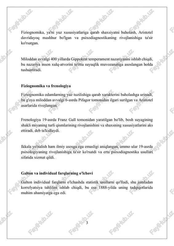 sifatida rivojlana boshladi. hermann rorschachning siyoh dog'lari testi (1921) proyektiv usullarning dastlabki namunasi bo'lib, keyinchalik tat (tematik appersepsiya testi) kabi testlarga yo'l ochdi. proyektiv testlar shaxsiyatni o'rganishda obyektiv baholashga muqobil bo'lib, klinik amaliyotda va tadqiqotlarda keng qo'llanilib, bahslarga sabab bo'ldi. shaxsiyat testlarining rivojlanishi 1920-yillarda rorschach siyoh dog'lari testi shaxsiyatni baholashda proyektiv texnikaning ilk namoyishi bo'lib, shaxsning ichki dunyosini aks ettiradi. mmpi 1940-yillarda ishlab chiqilgan bo'lib, shaxsiyat xususiyatlari va psixopatologiya uchun empirik asoslangan, standartlashtirilgan baholash imkoniyatini yaratdi. xx asrning oxirida 'big five' shaxsiyat modeli, neo pi-r kabi o'lchovlar bilan, shaxsiyat xususiyatlarini keng qamrovli tarzda tushuntirish imkonini berdi. diagnostika mezonlarining standartlashtirilishi: dsm dsmning asosiy maqsadi psixiatrik tashxislarni standartlashtirish, ishonchliligini oshirish va turli kliniklar va tadqiqotchilar o'rtasida bir xillikni ta'minlashdan iboratdir. dsmning har bir nashri mezonlar va diagnostika qoidalariga aniqlik kiritish orqali, tashxis qo'yishda xatoliklarni kamaytirish va aniqlikni oshirishga harakat qiladi. dsm ko'p o'qli tashxis tizimidan (dsm-iv) diagnostika spektrlariga (dsm-5) o'tishi kasalliklarni o'lchovli …