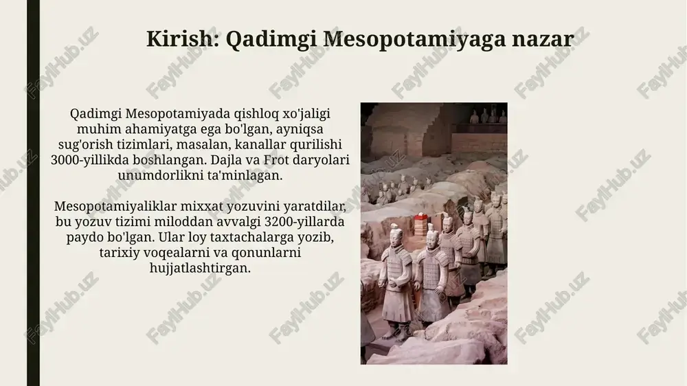 odiyotni rivojlantirgan. savdo mesopotamiya iqtisodiyotining asosi boʻlgan, chunki ular metallar, yogʻoch va tosh kabi resurslarga muhtoj edilar, bu esa shahar davlatlari oʻrtasida savdo aloqalarini rivojlantirdi. yozuv va ta'lim: mixxatning rivojlanishi mixxat yozuvi dastlab miloddan avvalgi 3200-yillarda shumerda paydo bo'lgan. u savdo hisoblarini yuritish va ma'muriy yozuvlar uchun ishlatilgan. dastlabki mixxat belgilar shakllari piktografik bo'lib, ob'ektlarni tasvirlagan. keyinchalik miloddan avvalgi 2500-yillarga kelib, u soddalashtirilib, abstrakt belgilarga aylandi. san'at va arxitektura: ibodatxonalar va saroylar mesopotamiyalik ibodatxonalar ko'pincha zig'uratlar shaklida bo'lib, ular 3-7 qavatdan iborat bo'lgan va har bir qavat avvalgisidan kichikroq bo'lgan. saroylar nafaqat hukmdorlarning turar joyi, balki davlat boshqaruvi markazi ham bo'lib, ularda katta xonalar, masalan, 200 kishigacha sig'adigan taxt xonalari mavjud edi. falsafa va ilm-fan: matematika va astronomiya mesopotamiyaliklar oltmishlik sanoq sistemasidan foydalanganlar, bu bizning vaqtni (60 daqiqa, 60 soniya) va doiralarni (360 daraja) o'lchash usulimizga ta'sir ko'rsatgan. ular geometriyada shakllar maydonini hisoblash, masalan, to'rtburchak va uchburchakning yuzini aniqlash uchun …