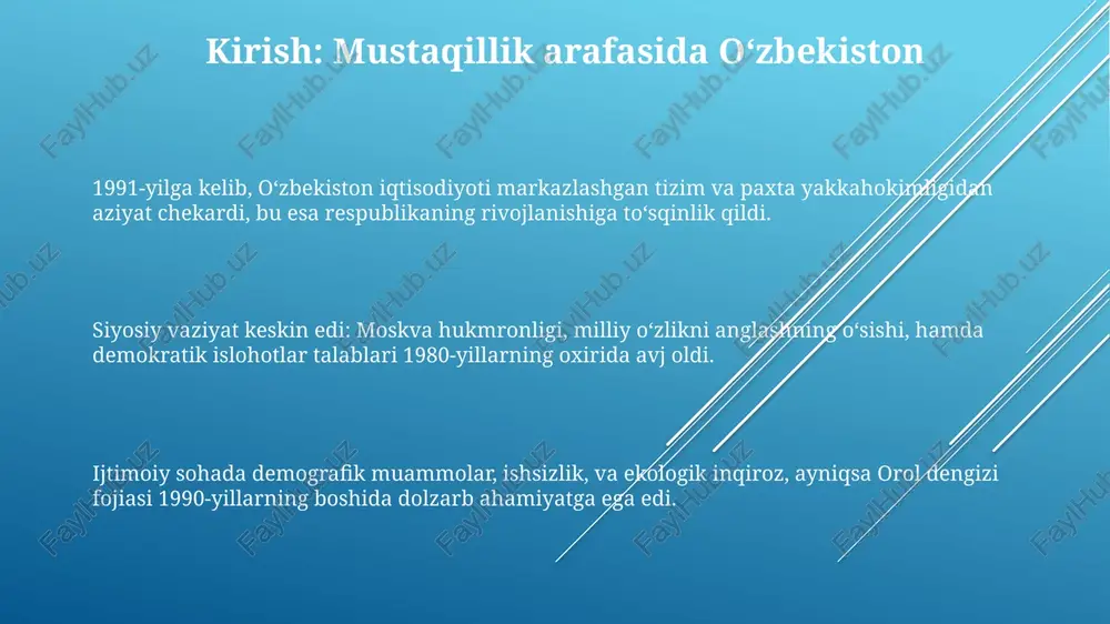 arimovning tarixiy merosi islom karimov milliy davlatchilik asoslarini yaratdi, o'zbekistonning suverenitetini 1991-yilda e'lon qildi va uni xalqaro miqyosda tan olinishiga erishdi. karimovning bozor iqtisodiyotiga o'tish siyosati 2000-yillarga kelib iqtisodiy o'sishni ta'minladi va aholi turmush darajasini yaxshilashga xizmat qildi. uning rahbarligida o'zbekistonda ta'lim tizimi isloh qilindi, 12 yillik majburiy ta'lim joriy etildi va yosh avlodning intellektual salohiyatini oshirishga e'tibor qaratildi. e'tiboringiz uchun rahmat