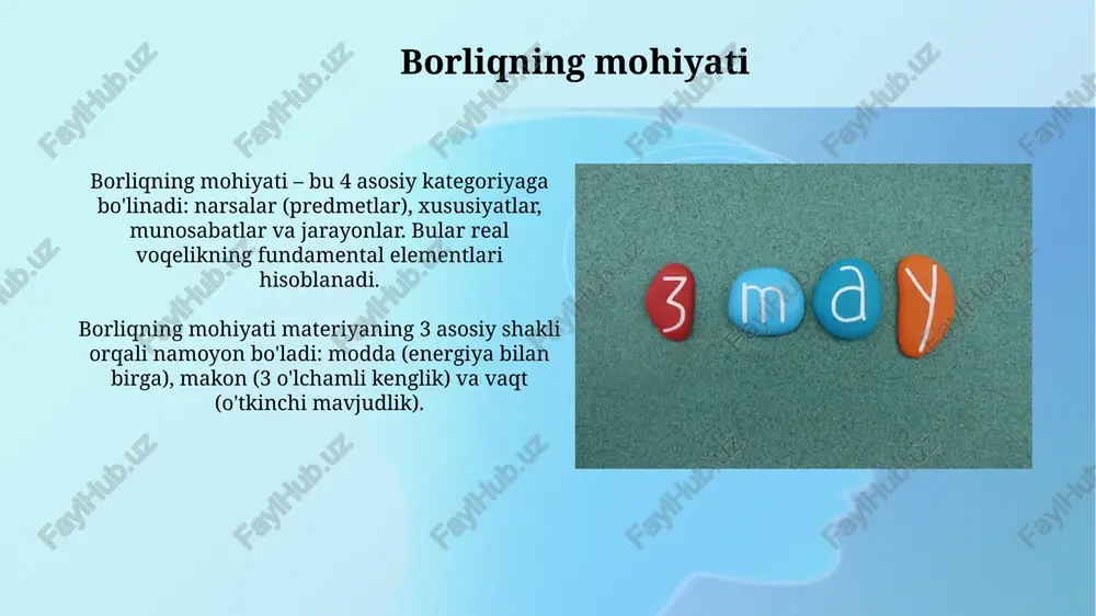 ilma-xillik 4 asosiy holatda (qattiq, suyuq, gaz, plazma) va ularning o'zaro ta'sirlarida yuzaga keladi, bunda turli xususiyatlar va ko'rinishdagi ko'plab shakllar vujudga keladi. borliqning determinatsiyasi determinatsiya borliqning mavjudlik shakllariga ta'sir etuvchi sababiy bog'lanishlarni o'z ichiga oladi, har bir hodisa 100% aniqlik bilan boshqa hodisalarni keltirib chiqaradi. borliq determinatsiyasi 2 xil sababiy bog'lanishga ega: zaruriy (qonuniy) va tasodifiy bog'lanishlar, 7 tadan ortiq omilning o'zaro ta'siri bilan izohlanadi. onimli va ongsiz borliq onimli borliq, 1-shaxs tajribasi orqali anglanadi, xotiralar, hissiyotlar va intilishlar bilan boyitiladi, bu borliq sub'ektiv xususiyatga ega ekanligini ko'rsatadi. ongsiz borliq 2 turga bo'linadi: individual ongsizlik (shaxsiy kechinmalar yig'indisi) va kollektiv ongsizlik (arxetiplar, umumiy insoniy tajribalar), bu haqiqatni chuqurroq anglashga yordam beradi. borliqning kategoriyalari borliqning kategoriyalari 2 asosiy yo'nalishni o'z ichiga oladi: 1) moddiy borliq (materiya, energiya va fazo-vaqt) va 2) ideal borliq (ong, g'oyalar, va qiymatlar). substansiya va atribut kategoriyasi narsaning 3 ta o'ziga xos xususiyatini belgilaydi: 1) mustaqilligi, …