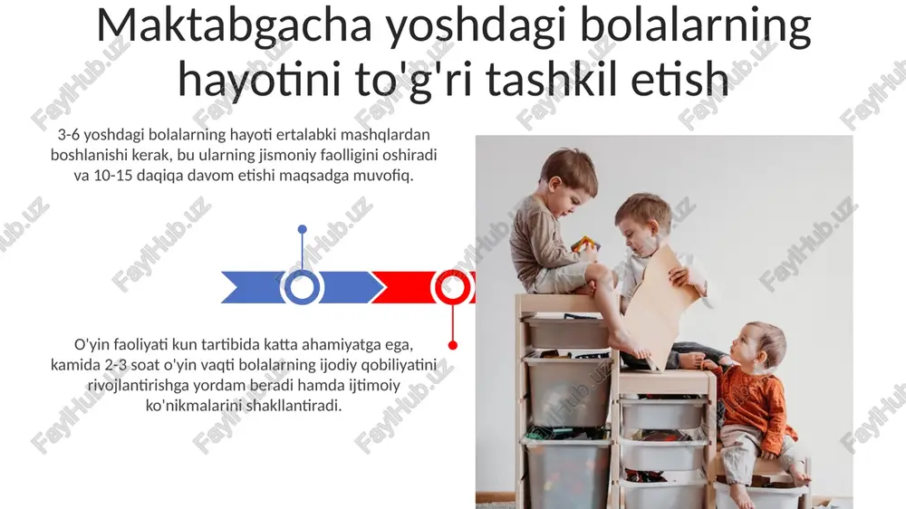 salan, piagetning kognitiv rivojlanish bosqichlari (sensorimotor, preoperational), ta'lim metodikasini moslashtirishga yordam beradi. ota-onalar bilan hamkorlik ota-onalar bilan hamkorlikda 3-4 yoshli bolalarning rivojlanish xususiyatlarini tushuntirish, ularning individual ehtiyojlarini qondirish bo'yicha maslahatlar berish muhim. ota-onalar yig'ilishlarida 5-6 yoshli bolalarni maktabga tayyorlash, o'qish, yozish va sanash ko'nikmalarini shakllantirish usullari haqida ma'lumot beriladi. maktabgacha ta'lim muassasasida sog'lom muhit yaratish maktabgacha ta'lim muassasasida kun tartibiga rioya qilish, bolalarning kamida 10-12 soat davomida sog'lom va xavfsiz muhitda bo'lishini ta'minlaydi. har bir bolaga individual yondashuv, ularning jismoniy va psixologik ehtiyojlarini qondirish, sog'lom muhitning 6 asosiy elementidan biridir. e'tiboringiz uchun rahmat image5.jpg image6.jpg image7.jpg image8.jpg image9.jpg image10.jpg image11.jpg image12.jpg image13.jpg image14.jpg image15.jpg image16.jpg image1.jpeg image2.jpeg