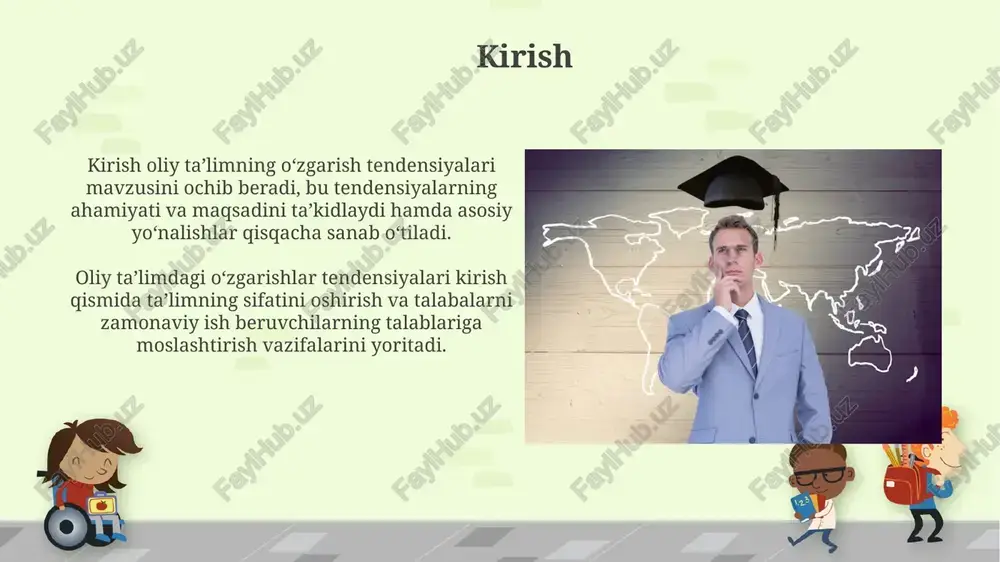 ga turtki beradi. oliy ta'limning inklyuzivligi oliy ta'limda inklyuzivlik 2030 yilgacha nogironligi bo‘lgan shaxslar uchun qo‘shimcha 5% kvota ajratish, ularga moslashuvchan ta’lim dasturlarini ishlab chiqishni o'z ichiga oladi. davlat grantlari taqsimotida ijtimoiy himoyaga muhtoj oilalar farzandlariga 3% imtiyoz berilishi, ayniqsa qizlar uchun, oliy ta'limda tenglikni ta'minlashga qaratilgan. sifatni ta'minlash mexanizmlari sifatni ta'minlashning ichki mexanizmlari, masalan, o'quv dasturlarini 5 yilda kamida bir marta qayta ko'rib chiqish va baholashni o'z ichiga oladi, bu uzluksiz takomillashtirishni ta'minlaydi. tashqi sifatni ta'minlash agentliklari tomonidan akkreditatsiya jarayoni, 3-4 yilda bir marta o'tkazilib, muassasaning sifat standartlariga muvofiqligini baholaydi. xalqaro hamkorlik va mobillik oliy taʼlim muassasalari erasmus+ kabi dasturlar orqali 150 dan ortiq xalqaro universitetlar bilan hamkorlikni rivojlantirib, talabalar almashinuvini 25% ga oshirishga intilmoqda. xalqaro hamkorlikda qoʻshma taʼlim dasturlari (masalan, 2+2 dasturi) muhim ahamiyatga ega boʻlib, talabalarning 30% gacha xorijiy diplom olish imkoniyatini yaratadi. mehnat bozoriga moslashuv kadrlar tayyorlashda 4.0 sanoatining talablariga mos keladigan, raqamli ko'nikmalarni o'zlashtirgan mutaxassislarni …