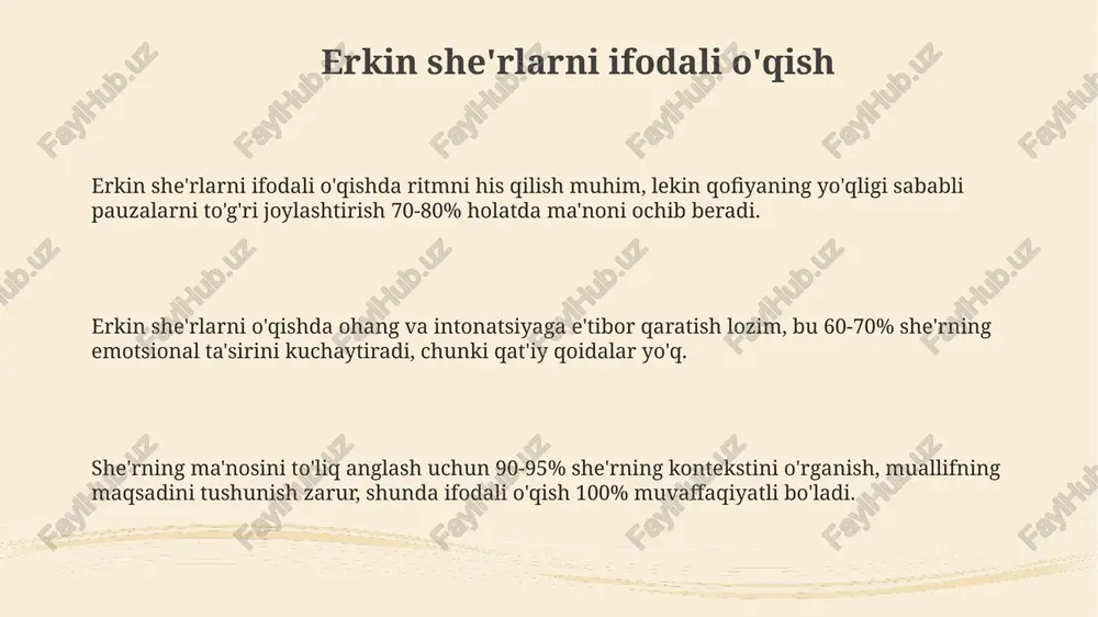 artirishi mumkin, bu she'riy san'atda xilma-xillik yaratadi. pauza ritmga ta'sir qiladi: 1 soniya pauza ritmni o'zgartirishi mumkin, she'rda his-tuyg'ular va ma'noni kuchaytiradi, bu tinglovchiga tushunishga yordam beradi. pauza hissiyotni ochib beradi: 3 soniya pauza she'rda his-tuyg'ularning intensivligini oshiradi, notinchlik yoki aksincha, tinchlik holatini yetkazib berishga yordam beradi. she'r mazmunini tushunish she'r mazmunini tushunishda 1-qadam, undagi so'zlarning ma'nosini aniqlash. har bir so'zning lug'aviy va kontekstual ahamiyatini tahlil qilish lozim. she'r mazmunini tushunish 2-bosqichi, undagi obrazlar, ramzlar va metaforalarni izohlashdir. ular she'rning 70% ma'nosini ochib beradi. she'r mazmunini to'liq anglash uchun 3-qadam, shoirning maqsadini, his-tuyg'ularini va she'rning 90% g'oyaviy yo'nalishini aniqlash muhimdir. his-tuyg'ularni ifodalash his-tuyg'ularni ifodalashda ovoz ohangini o'zgartirish muhim, masalan, g'amgin she'rda ovozni pastlatish, xursandchilikda esa ko'tarish mumkin, 5-10 soniyali pauzalar yordam beradi. ko'z bilan aloqa o'rnatish orqali his-tuyg'ularni kuchaytirish mumkin, har bir abzats oxirida tinglovchilarga 2-3 soniya ko'z bilan qarash diqqatni jalb qiladi. mimika va imo-ishoralar his-tuyg'ularni yetkazishda katta rol …