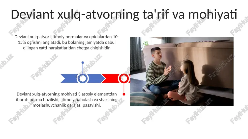 y deviant xulq-atvor jinsiy deviant xulq-atvor erta bolalikda namoyon bo'lishi mumkin, bunda 2 yoshgacha bo'lgan bolalar o'z jinsiy a'zolarini o'rganishlari odatiy holdir. ba'zi deviant xatti-harakatlar, masalan, voyeurizm, 13-18 yoshdagi o'smirlar orasida sodir bo'lishi mumkin va bu qonun bilan jazolanishi mumkin. ijtimoiy normlar va qoidalarga qarshilik ijtimoiy normalarga qarshilik erta yoshda 3-5 yoshda boshlanishi mumkin, bola o'yinlarda qoidalarni buzsa yoki kattalarning ko'rsatmalariga qaramasa. o'smirlar orasida ijtimoiy qoidalarga qarshilik o'zini 14-17 yoshda namoyon qilishi mumkin, bu guruh qoidalarini buzish va avtoritetga qarshi noroziliklarda aks etadi. oilaviy omillarning ta'siri oiladagi nizolar, ayniqsa, jismoniy zo'ravonlik 12 yoshdan 16 yoshgacha bo'lgan o'smirlarda huquqbuzarlik xatti-harakatlarini 30-40% ga ko'paytirishi mumkin. ota-ona tarbiyasidagi beqarorlik, masalan, qat'iy nazoratning yo'qligi 6 yoshdan 10 yoshgacha bo'lgan bolalarda antisotsial xatti-harakatlar ehtimolini 25% ga oshiradi. tengdoshlar ta'siri ijobiy tengdoshlar ta'siri ijtimoiy ko'nikmalarni rivojlantiradi, masalan, empatiya va hamkorlik, bu esa akademik muvaffaqiyatga erishishga yordam beradi. tengdoshlar ta'siri, ayniqsa 10-14 yoshda, konformizmga olib keladi, bu …