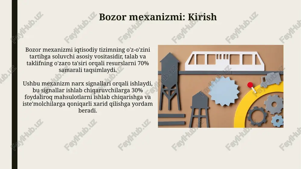 narxlarni belgilashda o'zaro bog'liqlikni namoyon etadi; bir firma narxni o'zgartirganda, boshqalari ham javob beradi, bu esa 'narx urushi' yoki kelishuvga olib kelishi mumkin. monopoliya bozori monopoliya bozori faqat bitta sotuvchi yoki yetkazib beruvchiga ega, bu esa narxlarni nazorat qilish imkoniyatini beradi, talab esa 100% unga bog'liq bo'ladi. monopoliyalar odatda yuqori kirish to'siqlariga ega, masalan, patentlar yoki litsenziyalar, bu raqobatchilarning bozorga kirishini qiyinlashtiradi va ularning ulushini 0%ga tushuradi. bozor mexanizmining afzalliklari va kamchiliklari bozor mexanizmi resurslarni samarali taqsimlaydi, iste'molchilarning xohish-istaklarini inobatga olib, 1-darajali ehtiyojlarni qondirishga yo'naltirilgan muvozanatli narxlarni shakllantiradi. raqobat muhiti innovatsiyalarni rag'batlantiradi, yangi mahsulotlar va xizmatlar yaratilishiga turtki beradi hamda ishlab chiqarish xarajatlarini kamaytirish orqali 2-darajali afzalliklarni ta'minlaydi. e'tiboringiz uchun rahmat image2.jpg image3.jpg image4.jpg image5.jpg image6.jpg image7.jpg image8.jpg image9.jpg image10.jpg image11.jpg image12.jpg image13.jpg