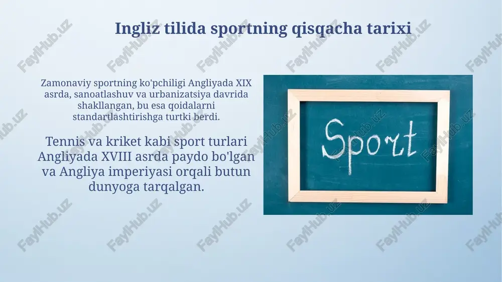 i mumkin. muntazam ravishda kuch mashqlari, haftada kamida 2 kun, mushak massasini oshiradi va metabolizmni tezlashtirib, ortiqcha vaznni 15% gacha kamaytiradi. kelajak sporti: ingliz tilida muhokamalar kelajak sportida dron poygalari va kibersport kabi yangi turlari paydo bo'lishi kutilmoqda. bu 21-asr sportining o'ziga xos tendensiyasi bo'lib, ko'proq texnologiyaga asoslangan. genetik modifikatsiya va biotexnologiyalar sportchilarga 15-20% gacha yuqori natijalarga erishishga yordam berishi mumkin. bu esa axloqiy va adolatli bahslar masalasini o'rtaga tashlaydi. viktorina: sport haqida ingliz tilida bilasizmi? viktorinada "quarterback" (hujumchi himoyachisi) va "touchdown" (ochko) kabi amerika futboli atamalari, shuningdek, o'yinning asosiy qoidalari bo'yicha savollar mavjud bo'lishi mumkin. savollarda "olympics" (olimpiya o'yinlari) kabi yirik sport tadbirlari, ularning tarixi va qaysi mamlakatlar eng ko'p 1-o'rinni egallaganligi haqida ma'lumotlar tekshiriladi. e'tiboringiz uchun rahmat image4.png image6.jpg image7.jpg image8.jpg image9.jpg image10.jpg image11.jpg image12.jpg image13.jpg image14.jpg image15.jpg image16.jpg image17.jpg image3.jpeg