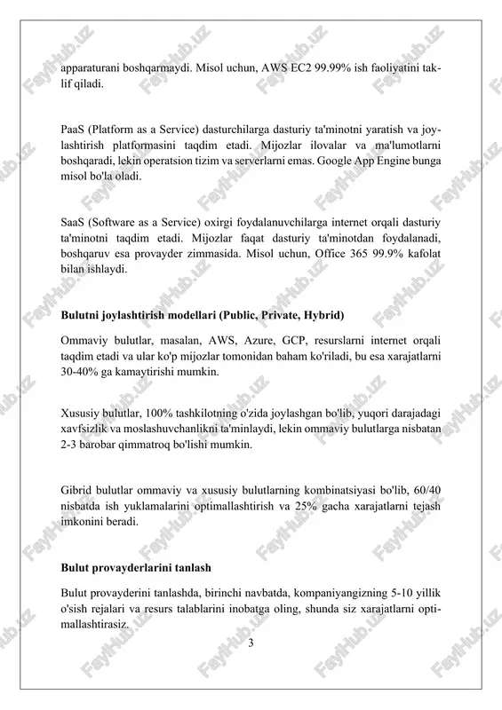 ha mas'uliyat modeli mijoz va provayder o'rtasida bo'linadi, bu erda mijoz ma'lumotlarni shifrlash va uning himoyasi uchun javobgar bo'lishi mumkin. kirishni boshqarish va identifikatsiya kirishni boshqarish va identifikatsiya bulutda xavfsizlikning asosiy qismidir; masalan, multi-factor authentication (mfa) kabi, ma'lumotlar himoyasini kuchaytiradi, 99.9% ga hisob buzilish xavfini kamaytiradi. bulutli muhitda identifikatsiya provayderlaridan foydalanish (masalan, azure ad yoki aws iam) markazlashgan kirishni boshqarishni ta'minlaydi, 2000 dan ortiq bulutli ilovalar uchun single sign-on (sso) imkoniyatini yaratadi. bulut xizmatlari uchun rolga asoslangan kirishni boshqarish (rbac) ma'lumotlar va resurslarga kirishni cheklaydi; masalan, faqatgina ma'lumot bazasi administratoriga o'zgarish kiritish huquqini beradi, buzilish xavfini kamaytiradi. bulutda ishlash uchun vositalar va texnologiyalar bulutda ishlash uchun ko'plab vositalar mavjud, jumladan, aws cloud9 ide, bu veb-brauzer orqali kod yozish, ishlatish va disk raskad qilish imkonini beradi va 40 dan ortiq dasturlash tillarini qo'llab-quvvatlaydi. kubernetes, konteynerlarni boshqarish uchun ochiq manba tizimi, bulutda joylashtirishni avtomatlashtiradi, masshtablashtiradi va boshqaradi, bu esa ilovalarni 99.99% ishonchlilik …