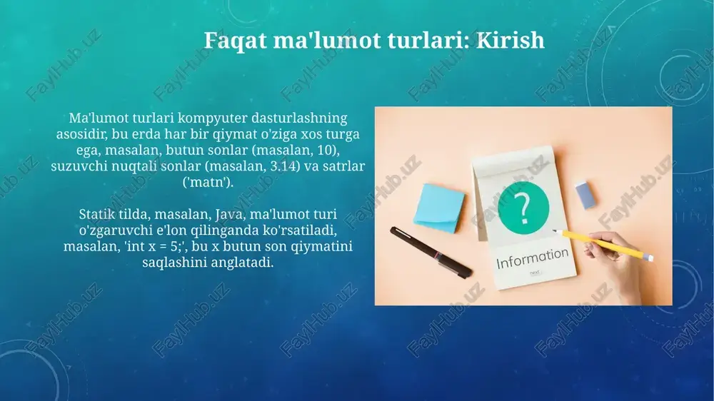 ratilgandan so'ng uning qiymatlarini o'zgartirib bo'lmaydi. bu xotirada 8 baytdan 64 gigabaytgacha joy egallashi mumkin. lug'at ma'lumot turlari lug'at ma'lumot turi juftliklardan (kalit, qiymat) iborat. har bir kalit noyob bo'lishi kerak, lekin qiymat har qanday ma'lumot turi bo'lishi mumkin. masalan, 'ism': 'ali' va 'yosh': 30. lug'atlar tartibsizdir, ya'ni elementlar kiritilgan tartibda saqlanmaydi. lug'at elementlariga kalit orqali murojaat qilinadi, indeks bo'yicha emas. misol uchun, lugat['ism'] alini qaytaradi. faqat ma'lumot turlarini qachon ishlatish kerak faqat ma'lumot turlarini, misol uchun enum yoki unionlarni, tanlashlar soni chegaralangan va aniq bo'lganda, masalan, haftaning 7 kuni yoki ranglar palitrasi uchun ishlating. bool ma'lumot turi, faqat true yoki false qiymat qabul qilganda, mantiqiy ifodalarni ifodalash va ikkilik qarorlarni qabul qilish uchun qulaydir, xotirani tejashga yordam beradi. faqat ma'lumot turlarining afzalliklari faqat ma'lumot turlaridan foydalanish dastur xotirasini 20-35% gacha tejaydi, chunki kompilyator xotirani samaraliroq boshqaradi va ajratadi. ma'lumot turlari 15 xil xatolikni kamaytiradi, bu esa ish jarayonini tezlashtiradi, …