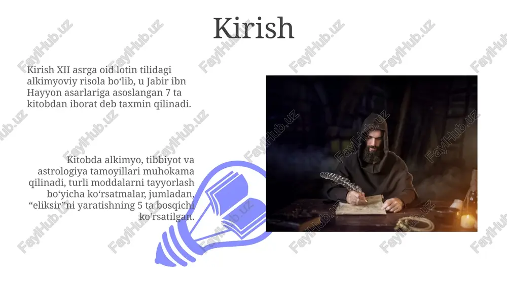 b alkimyosida quyosh oltinning ramzi bo'lgan, oy kumushni ifodalagan. bu metallar alkimyoviy jarayonlarning asosiy elementlari sifatida muhim ahamiyatga ega edi. to'rtta element (olov, havo, suv, tuproq) ham ramziy ma'noga ega bo'lib, ular moddalarning sifatlarini va o'zgarishlarini tushuntirish uchun ishlatilgan. arab alkimyosining ilmiy uslubga ta'siri 01 02 arab alkimyosining ilmiy uslubga ta'siri tajribalarni aniq qayd etishga urg'u berdi, bu esa natijalarni takrorlash va tekshirish uchun muhim qadam bo'ldi. sales 1st qtr 2nd qtr 100 0 sales 1st qtr 2nd qtr 100 0 o'rta asrlarda yevropaga ta'siri arab kimyogarlarining asarlari, masalan, jabir ibn hayyonning kitoblari, xii asrda lotin tiliga tarjima qilinib, yevropa kimyo nazariyalariga katta ta'sir ko'rsatdi. aristotelning elementlar nazariyasiga arab kimyogarlari tomonidan kiritilgan o'zgartirishlar, xususan, simob va oltingugurt tamoyillari, yevropada 1600-yillargacha keng tarqaldi. zamonaviy fanga qo'shgan hissasi arab alkimyogarlari kimyoviy jarayonlarni, masalan, distillashni takomillashtirib, laboratoriya uskunalarini loyihalashtirdilar, bu esa zamonaviy kimyo sanoatining asosini tashkil etdi. ular 'alkogol', 'ishqor' kabi ko'plab kimyoviy …