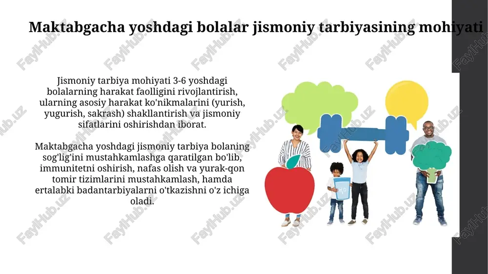 tlarni rivojlantirish (kuch, tezlik, chidamlilik, egiluvchanlik, chaqqonlik) maktabgacha yoshdagi bolalarda kuchni rivojlantirish 3-5 yoshda o'yin orqali, masalan, yengil narsalarni ko'tarish, tortish va itarish kabi harakatlarni 5-10 marta takrorlash orqali amalga oshiriladi. tezlikni rivojlantirish uchun 4-6 yoshdagi bolalar uchun 10-15 metrlik masofaga yugurish mashqlari, shuningdek, 3-5 soniya davomida tezlashish va to'xtash mashqlari kabi oddiy o'yinlar foydalidir. maktabgacha ta'lim muassasasida jismoniy tarbiya jarayonini tashkil etish jismoniy tarbiya jarayoni haftada kamida 3 marta, 20-30 daqiqa davom etishi, harakatli o'yinlar va mashqlarni o'z ichiga olgan dinamik mashg'ulotlar asosida tashkil etiladi. maktabgacha yoshdagi bolalarga moslashuv davrida jismoniy mashqlar intensivligi asta-sekin oshiriladi, har bir bola individual xususiyatlariga moslashtirilgan yondashuv qo'llaniladi. jismoniy tarbiya darslariga qo'yiladigan talablar mashg'ulotlar bolalarning yosh xususiyatlarini hisobga olgan holda, 3-7 yoshdagi har bir guruh uchun turli xil jismoniy mashqlar va o'yinlarni o'z ichiga olishi shart. dars davomiyligi 20-30 daqiqa bo'lib, 5-7 daqiqalik isinish, asosiy qism va yakuniy qismdan iborat bo'lishi, harakatlarning xavfsizligi ta'minlanishi …