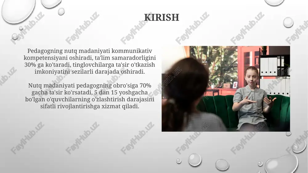 utqda ravonlik va ifodalilikni ta’minlash, auditoriya bilan aloqani mustahkamlash. nutq madaniyatini baholash mezonlari nutq madaniyatini baholashda grammatik to‘g‘rilik muhim, jumladan, so‘zlarning to‘g‘ri qo‘llanilishi (90% aniqlik) va sintaksis qoidalariga rioya qilish (85% rioya). nutqning ravonligi baholash mezonlaridan biri bo‘lib, unda so‘z boyligi (1000+ so‘z) va fikrning mantiqiy ketma-ketligi (80% tushunarlilik) inobatga olinadi. nutq madaniyatini o'lchash usullari nutq madaniyatini o'lchashda kuzatuv usuli qo'llaniladi, bunda o'qituvchining nutqi 3-5 daqiqa davomida baholanadi va uning aniqligi, ravonligi kabi xususiyatlari qayd etiladi. so'rovnoma usuli orqali o'quvchilarning o'qituvchi nutqiga bo'lgan munosabati aniqlanadi; 10-15 ta savol berilib, nutqning tushunarliligi va qiziqarliligi baholanadi. nutq madaniyatini takomillashtirish bo'yicha tavsiyalar nutq madaniyatini takomillashtirishda 70/30 qoidasiga amal qiling, ya'ni 70% tinglang, 30% gapiring, faol tinglash orqali tushunishni oshiring. so'z boyligini oshirish uchun har kuni kamida 5 ta yangi so'zni o'rganing va ularni 3 martadan nutqda qo'llang. mavjud muammolar va ularning yechimlari pedagoglar nutq madaniyatining yetarli darajada rivojlanmaganligi o'quv jarayonida tushunmovchilikka olib kelishi …