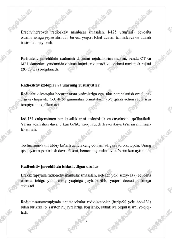 rga ta'sirni kamaytiradi. brakiterapiyaning yuqori dozali (hdr) varianti bir necha daqiqa ichida yuqori radioaktivlik darajasini yetkazib berishni o'z ichiga oladi, so'ngra manbani olib tashlash, bu esa qisqa davolash vaqtlarini ta'minlaydi. prostat saratonini davolash uchun ldr brakiterapiyasida, masalan, i-125 dan foydalanish, radioaktiv urug'lar o'simtaga doimiy ravishda joylashtiriladi, u erda ular asta-sekin nur chiqaradi. radioaktiv jarrohlikning afzalliklari radioaktiv jarrohlik, stereotaktik radiojarrohlik kabi, an'anaviy jarrohlikka nisbatan kamroq invaziv bo'lib, 1-2 kun ichida tiklanish imkonini beradi. gamma-pichoq kabi uskunalar yordamida o'sma to'qimasini 90% dan ortiq aniqlikda nishonga olish mumkin, bu esa sog'lom to'qimalarga zarar yetkazishni kamaytiradi. ko'pincha, radioaktiv jarrohlik ambulatoriya sharoitida o'tkaziladi, bemorlar operatsiyadan keyin 24-48 soat ichida uyga qaytishlari mumkin, bu esa kasalxonada yotish xarajatlarini kamaytiradi. radioaktiv jarrohlikning kamchiliklari va xavflari radioaktiv jarrohlikning asosiy kamchiliklaridan biri bu radiatsiya ta'siridan kelib chiqadigan ikkilamchi saraton kasalligining 1-5% gacha bo'lgan ehtimoli mavjudligidir. neyrocognitiv buzilishlar, xotira yo'qolishi va diqqatni jamlash qobiliyatining pasayishi radioaktiv jarrohlikning uzoq muddatli asoratlari …