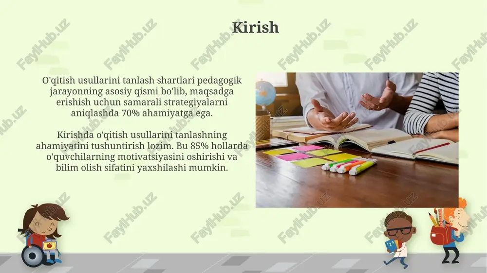 ni qo’llash maqsadga muvofiq. o'quv dasturi talablari o'quv dasturi talablari o'quv maqsadlari, vazifalari va kutilayotgan natijalarni aniq belgilaydi, har bir dars uchun aniq o'lchovlarni va erishish kerak bo'lgan aniq standartlarni ta'minlaydi. dastur talablari baholash mezonlarini belgilaydi, o'quvchilarning bilimlarini 360 daraja baholash uchun topshiriqlar, loyihalar va imtihonlar orqali o'lchanadi. maktab siyosati va resurslari maktab siyosati o'quv dasturini ishlab chiqish va joriy etishda muhim rol o'ynaydi, 2023-yildagi ta'lim strategiyasi kabi, o'qituvchilarning metod tanloviga ta'sir qiladi. resurslar, jumladan, 100 dan ortiq kompyuterlar va interaktiv doskalar, o'qituvchilarga innovatsion usullarni qo'llashga imkon beradi, bu darsning sifatini oshirish uchun zarurdir. xulosa xulosa o'qituvchi uslublari tanlovini 100% yakunlaydi, bu esa dars samaradorligini baholash va kelajakdagi darslar uchun o'zgartirish kiritish imkonini beradi. o'qitish uslublarini tanlashning yakuniy bosqichi sifatida xulosa, maqsadga erishilganligini 95% aniqlash va o'quvchilarning tushunish darajasini o'lchash imkonini beradi. e'tiboringiz uchun rahmat image7.jpg image8.jpg image9.jpg image10.jpg image11.jpg image12.jpg image13.jpg image14.jpg image15.jpg image16.jpg image17.jpg image18.jpg image19.jpg image5.png