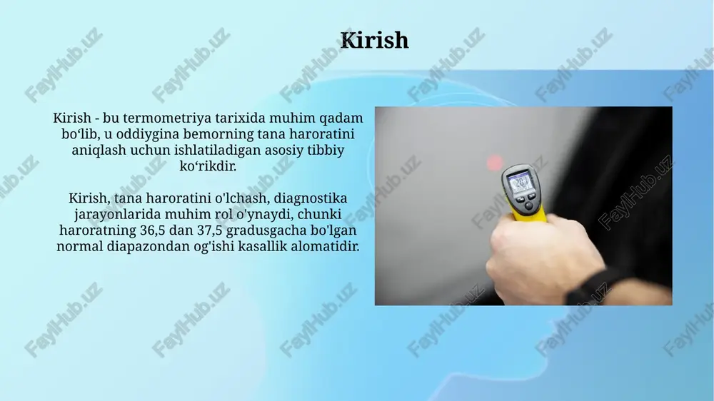 imkonini beradi, bu fiziologik me'yorning muhim ko'rsatkichidir va tibbiy tashxisda muhim ahamiyatga ega. tananing haroratini o'lchash usullari (og'iz, qo'ltiq osti, rektal) turli xil natijalar berishi mumkin, shuning uchun natijalarni baholashda o'lchash usuli va 0.5°c gacha bo'lgan farqlar hisobga olinishi zarur. e'tiboringiz uchun rahmat image3.jpg image4.jpg image5.jpg image6.jpg image7.jpg image8.jpg image9.jpg image10.jpg image11.jpg image12.jpg image1.png