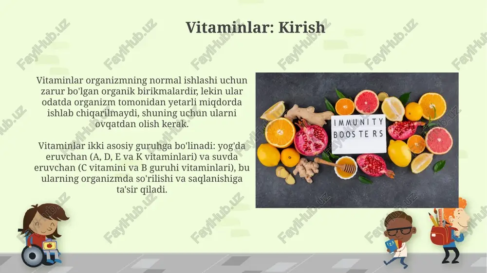 oj erkaklar uchun 90 mg, ayollar uchun esa 75 mg ni tashkil etadi; chekuvchilarga antioksidant ta'sirini ta'minlash uchun qo'shimcha 35 mg tavsiya etiladi. vitaminlar va kasalliklar profilaktikasi a vitamini yetishmovchiligi ko'rish qobiliyatini pasaytiradi, ayniqsa, tun ko'rligiga olib keladi. 10 000 iu dan ortiq dozalarda ehtiyot bo'lish kerak, ayniqsa homiladorlikda. d vitamini suyaklar salomatligi uchun zarur, yetishmasligi esa raxit va osteoporozga olib kelishi mumkin. kuniga 600-800 iu d vitamini iste'mol qilish tavsiya etiladi. xulosa va savol-javob xulosa qismida vitaminlarning 13 ta asosiy turi, ularning manbalari va tanadagi vazifalarini 3 daqiqalik qisqa takrorlash orqali yakunlang. savol-javoblar davomida a, d, e, k kabi yog'da eruvchi vitaminlarning ortiqcha qabul qilinishi 2 xil zaharli ta'sir ko'rsatishini ta'kidlang. e'tiboringiz uchun rahmat image7.jpg image8.jpg image9.jpg image10.jpg image11.jpg image12.jpg image13.jpg image14.jpg image15.jpg image16.jpg image17.jpg image18.jpg image5.png