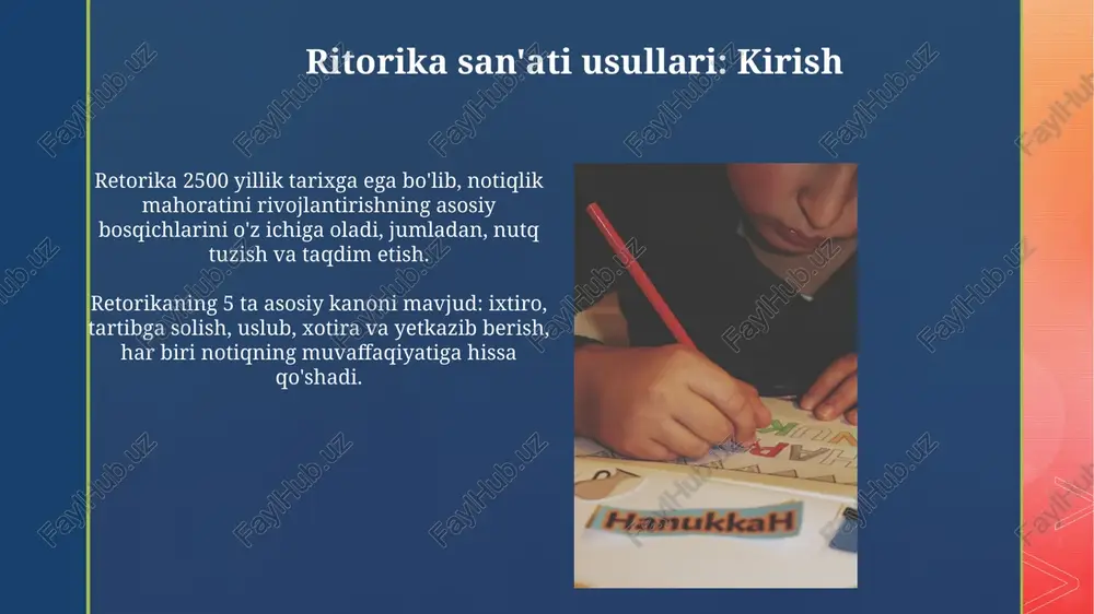 u esa ularning professional faoliyatida kommunikativ kompetensiyalarni shakllantirishda muhim rol o'ynaydi. nutq madaniyatini rivojlantirishda 3 asosiy elementga e'tibor qaratish zarur: talaffuz to'g'riligi, so'z boyligi va grammatik qoidalarga rioya qilish, 2 xil metod qo'llaniladi. bahslarda ritorikadan foydalanish bahslarda ritorikadan foydalanish tinglovchilarni ishontirish uchun 3 asosiy vositani: etos (ishonchlilik), patos (hissiyot), logos (mantiq) ni birlashtirib, nutqning ta'sirchanligini oshiradi. ritorika bahslarda dalillarni tuzish va taqdim etishning 5 kanonini (ixtiro, tuzilish, uslub, xotira, yetkazish) o'z ichiga oladi, bu esa argumentlarning mantiqiyligini ta'minlaydi. ritorikaning siyosiy va huquqiy ahamiyati retorikaning siyosiy ahamiyati davlat arboblari nutqlarida namoyon bo'ladi; 21-asr liderlari auditoriyani ishontirish uchun usullardan foydalanadi. siyosiy barqarorlik retorika orqali mustahkamlanadi. huquqiy retorika sudda ayblov va himoya nutqlarida qo'llaniladi, 12 nafar hakamning fikrini o'zgartirish uchun dalillar 3 mantiqiy asosga tayanadi. ritorika va ommaviy axborot vositalari ritorika ommaviy axborot vositalarida auditoriya e'tiborini jalb etishda muhim rol o'ynaydi; masalan, 30 soniyalik reklamada ta'sirchan nutq uslublari qo'llaniladi. ommaviy axborot vositalari ritorik …