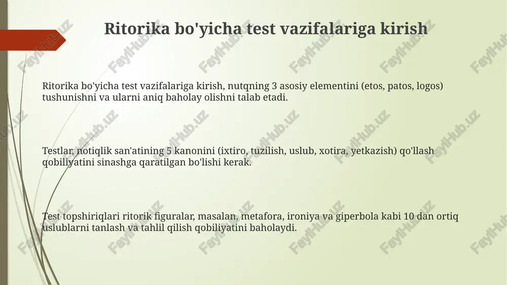 ki ritorik shakli, javobning yo'nalishiga ta'sir etadi. retorik savol javob talab qilmaydi, lekin auditoriyani 1 xulosaga olib keladi. metaforalar va qiyoslashlar: testlar qiyoslash testlari 3 xil ob'ekt yoki g'oyalar o'rtasidagi o'xshashlikni aniqlash qobiliyatini tekshiradi, bunda 5 ta variantdan eng mosini topish vazifasi beriladi. metaforalarni aniqlash testlari so'zlarning 1-ma'nosidan farqli o'laroq, obrazli ma'noda ishlatilishini baholaydi, 2-darajali ma'nolarni tushunishni talab etadi. rhetorikada metaforalar 7 ta asosiy uslub bilan bog'liq bo'lsa, qiyoslashlar 4 ta komponentni (asos, mavzu, vosita, o'xshashlik nuqtasi) o'z ichiga olgan testlar bilan o'lchanadi. antiteza va paradoks: tushunishni baholash antiteza 2 ta qarama-qarshi g'oyani solishtirsa, paradoks 1 fikrning o'zida ziddiyatni namoyon etadi, tushunishni baholashda farqni ajratish kerak. antiteza va paradoks 12 ta asosiy ritorik usuldan, ayniqsa argumentatsiya va ta'sir etishda muhim. testda ularning maqsadini aniqlash talab etiladi. paradoks 301-misolda, haqiqat bo'lishi mumkin bo'lgan ziddiyatli fikrni anglatadi; antiteza 2 xil g'oyani qarama-qarshi qo'yib, ta'kidni kuchaytiradi. takrorlash va parallelizm: aniqlash takrorlash – bir …