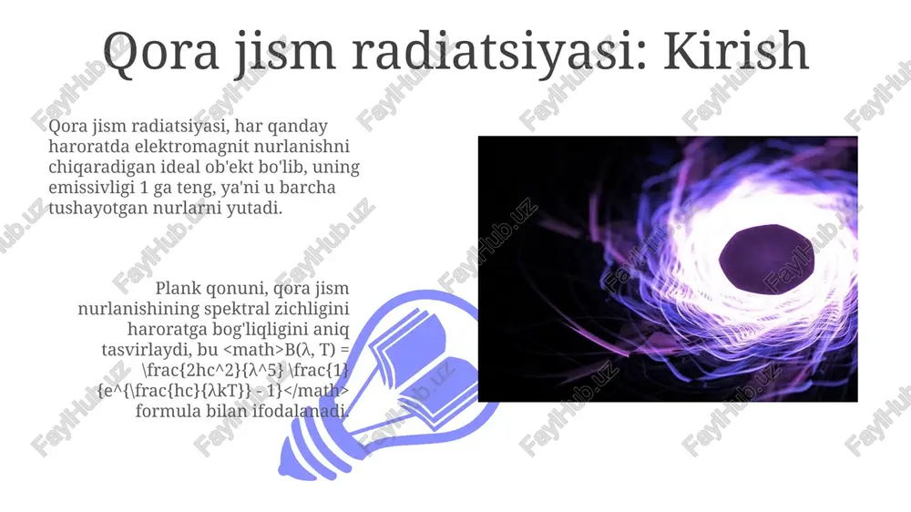 ning haroratini aniqlashda muhim ahamiyatga ega, chunki ularning spektrlari plank qonuniga yaqinlashadi. yulduz rangining o'zgarishi uning sirt haroratining o'zgarishini ko'rsatadi. koinotning mikroto'lqinli fon radiatsiyasi (cmb) qora jism radiatsiyasining deyarli mukammal namunasi hisoblanadi, taxminan 2.7 kelvin haroratda. bu katta portlash nazariyasini tasdiqlovchi muhim dalildir. haroratni aniqlash usullari termojuftlar sezgirligi, odatda, harorat oshishi bilan o'zgaradi, misol uchun, 0°c dan 100°c gacha bo'lgan oraliqda, har 1 daraja selsiyga taxminan 40 mikrovolt kuchlanish hosil bo'ladi. radiatsion pirometrlar infraqizil nurlanish intensivligini o'lchaydi va haroratni aniqlaydi; stefan-boltzmann qonuniga ko'ra, nurlanish haroratning to'rtinchi darajasiga proporsionaldir. xulosa va muhokama 01 02 xulosa shuni ko'rsatadiki, klassik fizika rayleigh-jeans qonuni yuqori chastotalarda (ultrabinafsha fojia) spektrni to'liq tasvirlay olmadi, bu planckning kvantlash nazariyasiga olib keldi. sales 1st qtr 2nd qtr 100 0 sales 1st qtr 2nd qtr 100 0 e'tiboringiz uchun rahmat image5.jpg image6.jpg image7.jpg image8.jpg image9.jpg image10.jpg image11.jpg image12.jpg image13.jpg image14.jpg image15.jpg image16.jpg image1.jpeg image2.jpeg image3.jpeg