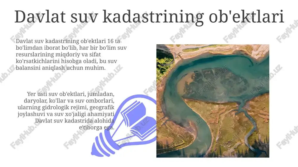 kllanadi, bunda 10 dan ortiq parametrlar inobatga olinadi. kadastrni yuritishda suv resurslarining 7 turdagi monitoringi natijalari, shu jumladan, sifat ko‘rsatkichlari va suv obyektlarining 3 ta asosiy xususiyatlari hisobga olinadi. kadastr ma'lumotlarini yig'ish va qayta ishlash kadastr ma'lumotlarini yig'ish 1: hisobotlarga ko'ra, suv resurslaridan foydalanish to'g'risidagi 42-sonli ma'lumotlar yagona tizimga kiritilib, ularga ishlov berish, tahlil qilish va saqlash amalga oshiriladi. kadastr ma'lumotlarini qayta ishlash 2: olingan ma'lumotlar suv ob'ektlarining holati, suv resurslarining miqdori va sifati bo'yicha aniqlik kiritish uchun 7/24 rejimda avtomatik ravishda tekshiriladi. kadastr ma'lumotlarini tahlil qilish va umumlashtirish kadastr ma'lumotlarini tahlil qilish gidrologik rejimning o'zgarishi tendensiyalarini aniqlash uchun 10 yillik ma'lumotlar asosida amalga oshiriladi. umumlashtirish suv resurslarining 8 ta asosiy havzasidagi 25 dan ortiq sifat ko'rsatkichlarini ekologik xavfsizlik talablari asosida baholaydi. kadastr ma'lumotlarini nashr etish va tarqatish 01 02 kadastr ma'lumotlari o'zbekiston respublikasi qonunchiligida belgilangan tartibda, 5 kun ichida davlat organlariga bepul taqdim etilishi mumkin. sales 1st qtr 2nd …