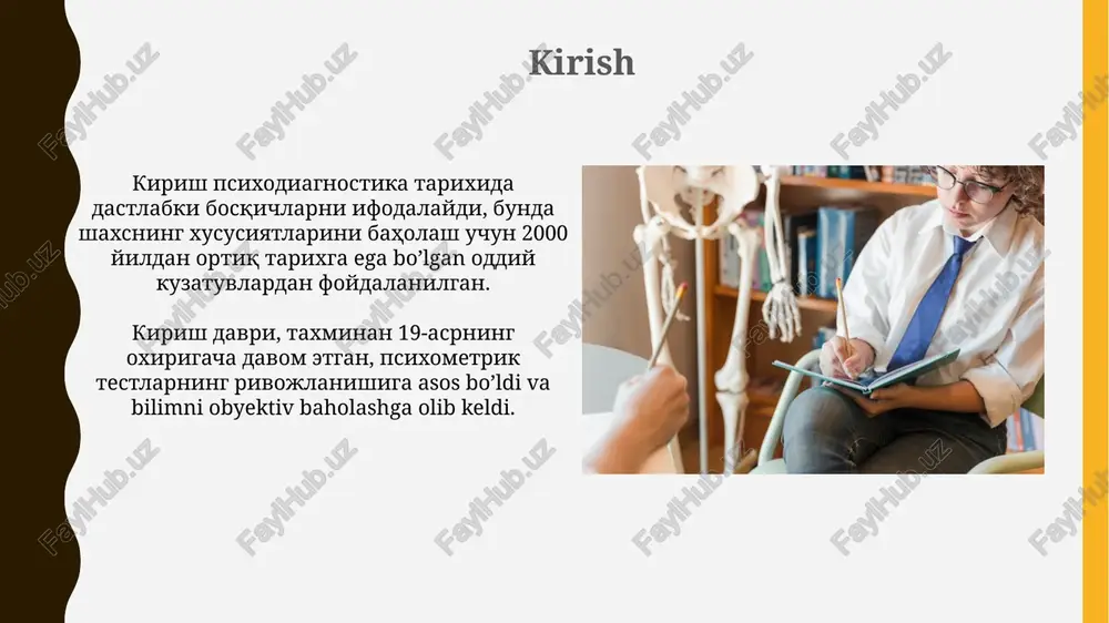a faktorli tahlil kabi statistik usullarning rivojlanishiga turtki bo'ldi. shaxsiyat testlarining kengayishi 1940-1960 yillarda shaxsiyat testlari klinik muhitdan tashqariga chiqib, ishga qabul qilish va ta'lim kabi sohalarda qo'llanila boshladi. mmpi va 16pf kabi standartlashtirilgan testlar, odamlarning xususiyatlarini o'lchash uchun keng tarqalgan vositaga aylandi va miqdoriy baholashni ta'minladi. klinik psixodiagnostikaning rivojlanishi klinicheskoy psixodiagnostikining rivojlanishi, xix asr oxirida psixik kasalliklarni tasniflashga qaratilgan kraepelin tizimi kabi, ilmiy asoslar yaratish bilan boshlandi. 20-asrda intellektual testlarning yaratilishi, masalan, binet-simon shkalasi, klinik psixodiagnostikaga miqdoriy baholash va ob'ektivlik elementlarini kiritdi. nevropsixologik baholashning paydo bo'lishi nevropsixologik baholash 1940-1950 yillarda aleksandr luriya tomonidan rivojlantirildi, u mahalliy urush jarohatlaridan so'ng miya shikastlangan askarlarni o'rgandi. ushbu baholash jarayoni miyaning turli sohalarining kognitiv funksiyalarga, jumladan, xotira, til va ijroiya funksiyalariga ta'sirini aniqlashga qaratilgan. kompyuterlashtirilgan baholashning kelishi 1960-yillarda kompyuterlar baholashda qo'llanila boshladi, bu esa ma'lumotlarni tahlil qilish va hisobotlarni avtomatlashtirish imkonini berdi. testlarni boshqarish va ballarni hisoblash tezlashdi. kompyuterlashtirilgan baholash psixometrik xususiyatlarni yaxshilash, …