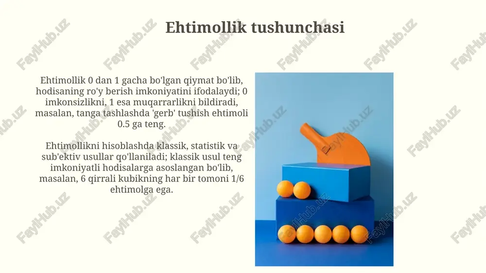 iklar nazariyasida bir-birini istisno qiluvchi hodisalarning yuz berish ehtimolini hisoblashda qo'llaniladi. agar a va b hodisalar bir vaqtda ro'y bermasa, p(a yoki b) = p(a) + p(b) formuladan foydalanamiz. agar a va b hodisalar bir vaqtda ro'y berishi mumkin bo'lsa, "qo'shish qoidasi" biroz o'zgaradi: p(a yoki b) = p(a) + p(b) - p(a va b). bu formula umumiy hodisalarning ehtimolligini aniqlashga yordam beradi. ko'paytirish qoidasi ko'paytirish qoidasi mustaqil hodisalar uchun a va b hodisalari bir vaqtda sodir bo'lish ehtimolini p(a va b) = p(a) * p(b) formula orqali hisoblaydi. shartli ehtimollikda ko'paytirish qoidasi p(a va b) = p(a) * p(b|a) shaklida ifodalanadi, bunda p(b|a) - a sodir bo'lgandan keyin b ning ehtimolligi. shartli ehtimollik shartli ehtimollik p(a|b) a hodisaning b hodisa sodir bo'lgan sharoitdagi ehtimolligini ifodalaydi, formula p(a|b) = p(a va b) / p(b), bunda p(b) 0 dan katta bo'lishi kerak. agar a va b hodisalar mustaqil bo'lsa, u holda …