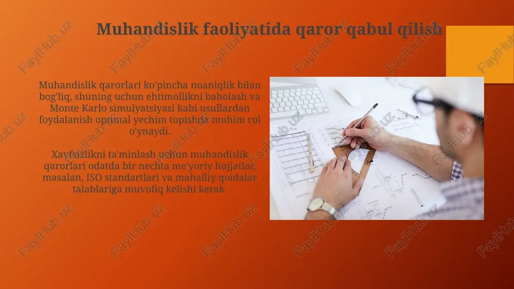 lot nuqsonlari tufayli yuzaga kelgan shikastlanishlarda, ya'ni iso 9001 standartlari. muvaffaqiyatli qaror qabul qilish bo'yicha misollar dunyodagi eng baland burj xalifa binosini loyihalashda, arup muhandislari shamol ta'sirini aniq modellashtirib, strukturaviy buzilish xavfini 15 foizga kamaytirdi. spacex kompaniyasining falcon 9 raketasini qayta ishlatish qarori, ishlab chiqarish tannarxini 30 foizga kamaytirishga yordam berdi, bu esa kosmik parvozlarni yanada ommalashtirdi. xulosalar va kelajakdagi yo'nalishlar kelajakdagi yo'nalishlar 10 yillik istiqbolda muhandislikda qaror qabul qilishning murakkabligini hisobga olgan holda, ai va mashinali o'rganish texnologiyalarini faol integratsiyalashni talab etadi. ma'lumotlarga asoslangan qaror qabul qilishni takomillashtirish uchun natijalarga oid xulosalar aniq metrikalarni belgilash va baholashni o'z ichiga oladi, bu esa muhandislik loyihalarining muvaffaqiyat darajasini 25% ga oshiradi. e'tiboringiz uchun rahmat image2.png image5.jpg image6.jpg image7.jpg image8.jpg image9.jpg image10.jpg image11.jpg image12.jpg image13.jpg image14.jpg image15.jpg image16.jpg image3.png