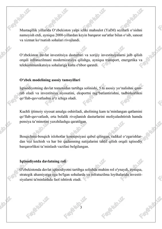 ) keng qo'llaniladi, bu esa infratuzilma loyihalarini amalga oshirishda xorijiy kapital ishtirokini rag'batlantiradi. 2017-yildan boshlab valyuta siyosatining liberallashtirilishi xorijiy investorlar uchun valyuta konvertatsiyasi bo'yicha cheklovlarni olib tashladi va investitsiya muhitini sezilarli darajada yaxshiladi. ijtimoiy yoʻnaltirilgan bozor iqtisodiyoti «ijtimoiy yoʻnaltirilgan bozor iqtisodiyoti»da davlat iqtisodiy jarayonlarni tartibga solishda muhim rol oʻynaydi, ayniqsa, aholining ijtimoiy zaif qatlamlarini himoya qilish uchun 60 dan ortiq ijtimoiy dasturlar amalga oshiriladi. ushbu modelda mulkchilikning xilma-xilligi (davlat, xususiy, aralash) ustuvor hisoblanadi va xususiy sektorning yaimdagi ulushi 70% dan oshib ketishi ragʻbatlantiriladi, bu esa raqobatni kuchaytiradi. ijtimoiy yoʻnaltirilgan iqtisodiyotda makroiqtisodiy barqarorlik muhim ahamiyatga ega; inflyatsiya darajasi 10% dan past boʻlishi va budjet defitsiti yaimning 3% dan oshmasligi taʼminlanadi. qishloq xoʻjaligini isloh qilish qishloq xoʻjaligida 1990-yillarda dehqon va fermer xoʻjaliklari shakllantirilib, yerga xususiy egalik huquqi berilmasdan, uzoq muddatli ijaraga berish tizimi joriy etildi. paxta va gʻalla yetishtirish davlat buyurtmasi tizimi bosqichma-bosqich qisqartirilib, 2020-yilda bekor qilindi, bu esa fermerlarga ekin tanlashda …