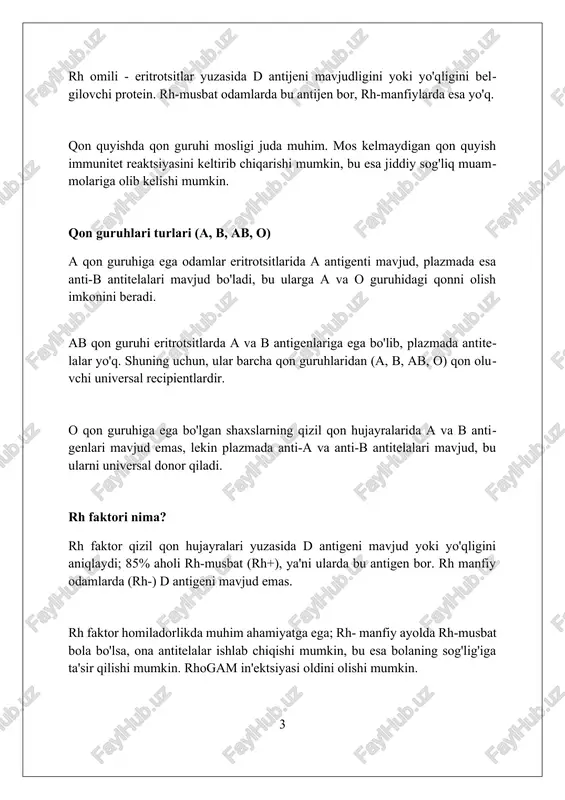 b chiqishi mumkin. rh omili irsiy bo'lib, ikkita genni o'z ichiga oladi: rhd va rhce. rhd geni rh-musbat yoki rh-manfiylikni aniqlaydi; muhim klinik ahamiyatga ega. rh omilining homiladorlikka ta'siri rh-manfiy onaning rh-musbat homiladorlikda birinchi farzandi odatda ta'sirlanmaydi, lekin keyingi homiladorliklar xavfli bo'lishi mumkin. agar rh-manfiy ona rh-musbat homilador bo'lsa, onaning immun tizimi rh faktoriga qarshi antitanachalar ishlab chiqaradi, bu esa gemoliz kasalligiga olib kelishi mumkin. anti-d immunoglobulin (rhogam) in'ektsiyasi rh-manfiy onalarda antitanachalarning shakllanishini oldini oladi va homilani himoya qiladi, 28-haftada va tug'ruqdan keyin beriladi. rh mos kelmasligi va uning oldini olish rh omil mos kelmasligi homiladorlik davrida yuzaga kelishi mumkin, agar onada rh manfiy, bolada esa rh musbat bo'lsa, bu taxminan 15% hollarda kuzatiladi. rh immunoglobulin (rhogam) in'ektsiyasi rh manfiy onalarga homiladorlikning 28-haftasida va tug'ruqdan keyin 72 soat ichida beriladi, bu sensibilizatsiyaning oldini oladi. rh mos kelmasligining oldini olish muhim, chunki bu homilada gemolitik kasallikka olib kelishi mumkin, bu esa …