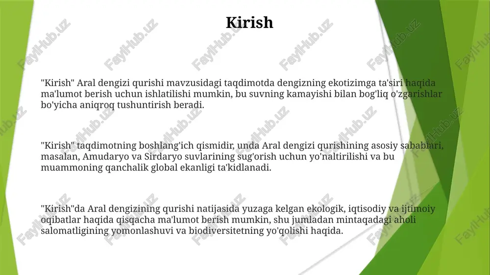 pasaytiradi, bu esa yuqumli kasalliklarga, jumladan, sil kasalligiga chalinish xavfini 20-30 foizga oshiradi, ayniqsa bolalar va qariyalarda. iqtisodiy ta'sirlar qishloq xo'jaligi orolning qurishi tufayli katta zarar ko'rdi, suv resurslarining kamayishi paxta hosildorligini 30% ga kamaytirdi va mintaqaviy oziq-ovqat xavfsizligini xavf ostiga qo'ydi. orol dengizining qurishi baliqchilik sanoatining yo'qolishiga olib keldi, bu esa 40,000 dan ortiq odamning ishsiz qolishiga va mahalliy iqtisodiyotning sezilarli darajada qisqarishiga olib keldi. orol fojiasi natijasida transport infratuzilmasi buzildi, chunki ilgari dengiz portlari bo'lgan joylar endi 100 km gacha quruqlikka aylandi, bu savdo xarajatlarining sezilarli darajada oshishiga olib keldi. mintaqaviy barqarorlikka ta'siri orol dengizining qurishi mintaqaviy iqlim o'zgarishiga olib keldi, bu esa qishloq xo'jaligi uchun suv resurslarining 25% ga kamayishiga olib kelib, oziq-ovqat xavfsizligiga tahdid solmoqda. orolbo'yi mintaqasida ekologik migratsiya kuchaydi, 500 mingdan ortiq odam yashash uchun noqulay sharoit tufayli boshqa hududlarga ko'chib o'tishga majbur bo'ldi. orolning qurishi natijasida tuz va chang bo'ronlari ko'paydi, bu esa 150-200 …