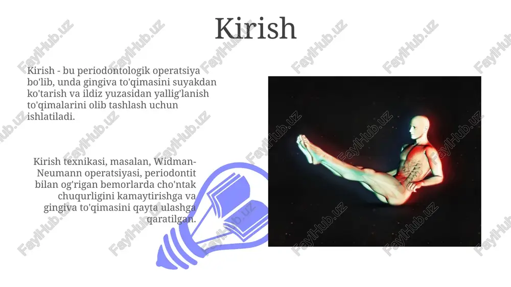 rishda periosteal ko'targichlardan foydalanish, suyakka shikast etkazmaslik uchun juda muhim. granulyatsiya to'qimasini olitashlash granulyatsiya to'qimasini olib tashlash, 1 mm dan ortiq o'sgan bo'lsa, yaxshiroq ko'rish va davolashni osonlashtirish uchun sharp curette 2 yoki 3 raqamli asbob yordamida amalga oshiriladi. bu jarayon, yallig'lanishni kamaytirish va 4 dan 6 hafta ichida 50-70% suyak to'ldirilishiga yordam beradi, bu esa parodontal tuzilishni tiklash uchun muhim qadamdir. ildiz yuzasini tekislash 01 02 ildiz yuzasini tekislashda sementumning zararlangan qatlamlari olib tashlanadi, bu esa tish ildizi yuzasini detoksikatsiya qiladi va 10-15 mikron silliqlashni ta'minlaydi. sales 1st qtr 2nd qtr 100 0 sales 1st qtr 2nd qtr 100 0 suyak defektlarini davolash (agar kerak bo'lsa) suyak defektlarini davolashda bio-materiallar, masalan, sun'iy suyak graftlari va membranalar, suyak to'qimasining tiklanishini rag'batlantirish uchun ishlatiladi, bu esa defektni to'ldiradi. yo'naltirilgan to'qimalarni qayta tiklash (gtr) usuli, membranadan foydalanib, epitelial hujayralarning o'sishiga to'sqinlik qiladi va suyak hujayralariga afzallik beradi, bu esa yangi suyak hosil …