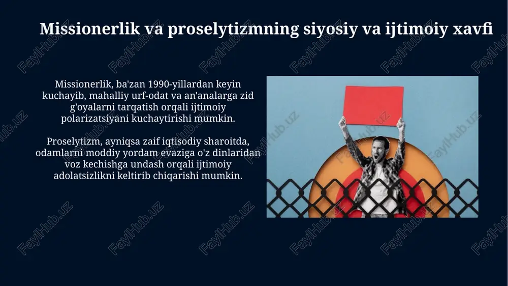 dagi ziddiyat. axloqiy dilemmalar shundan iboratki, missionerlik faoliyati zaif aholini ekspluatatsiya qilish, madaniy imperializm va manipulyatsiya taktikasini qo'llashda ayblanishi mumkin, bu esa 1948-yilgi bmt deklaratsiyasiga zid. diniy erkinlik va proselytizm huquqi diniy erkinlik konstitutsiyaning 31-moddasida kafolatlangan bo'lib, har kimga xohlagan dinga e'tiqod qilish yoki hech qanday dinga e'tiqod qilmaslik huquqini beradi. o'zbekiston respublikasining jinoyat kodeksining 216-moddasida proselytizm, ya'ni bir dindan boshqasiga o'tishga undash noqonuniy deb belgilangan va jazo choralari ko'zda tutilgan. davlatning betaraflik prinsipi davlatning betaraflik prinsipi, konstitutsiyaning 57-moddasiga muvofiq, diniy tashkilotlarning davlat ishlariga aralashmasligini va davlatning diniy faoliyatga aralashmasligini kafolatlaydi. ushbu prinsip diniy bag'rikenglikni ta'minlaydi, 130 dan ortiq millat vakillari va 16 ta diniy konfessiya vakillarining tinch-totuv yashashiga imkon yaratadi. missionerlikka qarshi kurash choralar missionerlikka qarshi kurashda diniy bag'rikenglikni mustahkamlash, milliy qadriyatlarni himoya qilish va jamiyatda sog'lom muhitni yaratish muhim ahamiyatga ega. o'zbekistonda missionerlikka qarshi kurash qonunchilik asosida olib boriladi, 1998-yilgi "vijdon erkinligi va diniy tashkilotlar to'g'risida"gi qonunga muvofiq …