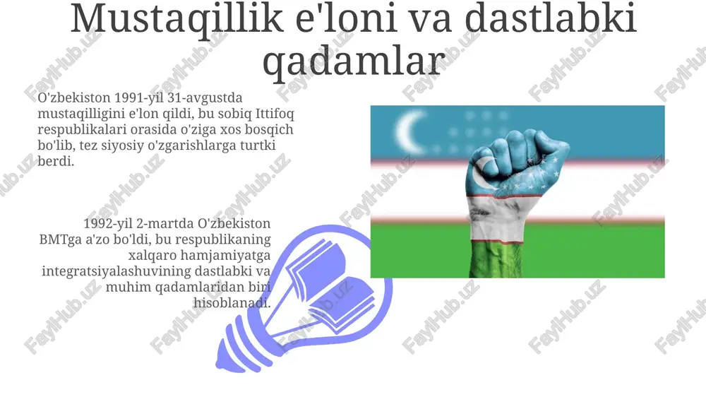 i belgiladi, jumladan, infratuzilmani yaxshilash va investitsiyalarni jalb qilish. 2023-yilga kelib, oʻzbekiston “ipak yoʻli vizasi” loyihasini ishlab chiqdi, bu esa 20 dan ortiq davlat fuqarolariga mamlakatga kirishni osonlashtiradi. innovatsion rivojlanish va raqamlashtirish oʻzbekiston 2022-yilda «raqamli oʻzbekiston – 2030» strategiyasini qabul qildi, bu esa barcha sohalarda raqamlashtirish orqali yaimni 30% ga oshirishni maqsad qiladi. it park loyihasi 2019-yilda ishga tushirilib, 1000 dan ortiq startapni qoʻllab-quvvatladi va 150 million dollardan ortiq eksport hajmini ta’minladi. kelajak sari: yangi o'zbekiston strategiyasi 01 02 strategiya aholi daromadlarini 2026 yilga kelib 1,6 barobarga oshirish, qishloq xo‘jaligida esa mehnat unumdorligini kamida 2 barobar ko‘paytirish kabi aniq maqsadlarni belgilaydi. sales 1st qtr 2nd qtr 100 0 sales 1st qtr 2nd qtr 100 0 e'tiboringiz uchun rahmat image5.jpg image6.jpg image7.jpg image8.jpg image9.jpg image10.jpg image11.jpg image12.jpg image13.jpg image14.jpg image15.jpg image16.jpg image1.jpeg image2.jpeg image3.jpeg