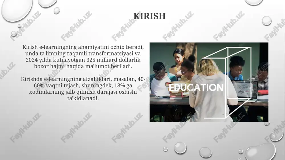 loyihaviy ishlarda o'quvchilar 5-10 kishilik guruhlarda ishlaydi. ijtimoiy o'rganish platformalari forumlar, chatlar va video-konferentsiyalarni o'z ichiga oladi. bular o'quvchilarga o'zaro ta'sir o'rnatishga yordam beradi. masalan, 7/24 yordam beruvchi forumlar. shaxsiy o'rganish yo'llari shaxsiy o'rganish yo'llari, 70-20-10 modeli asosida, 70% ish tajribasidan, 20% o'zaro ta'sirlardan va 10% rasmiy o'qishdan olinadigan bilimlarni ta'kidlaydi. adaptiv o'rganish platformalari foydalanuvchi ma'lumotlari asosida moslashadi, 3 turli testlar orqali shaxsiy kurslarni sozlaydi va bilim darajasiga moslashtirilgan kontentni taqdim etadi. o'rganishni o'lchash tashkilotni o'lchashda 360 daraja baholash usuli xodimlarning ko'nikmalari va ish faoliyatini har tomonlama baholash uchun ishlatiladi, bunda kamida 5 kishi qatnashishi mumkin. kpi (asosiy ko'rsatkichlar) tizimi tashkilot maqsadlariga erishish darajasini raqamlar orqali aniqlashga yordam beradi, kamida 7 ta ko'rsatkichni o'z ichiga olishi kerak. xulosa xulosa, e-o'qitishning kelajagi integratsiyalashgan texnologiyalar, masalan, 5g va ai orqali shaxsiylashtirilgan o'quv tajribalarini ta'minlaydi, bu esa 30% gacha samaradorlikni oshirishi mumkin. e-o'qitish tendentsiyalarini tahlil qilish 2024-yilga kelib mikro o'rganish va mobil o'rganishning …