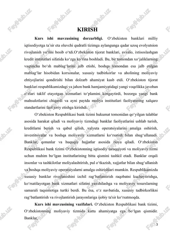 ashkil etilgan banklar. 6. ipoteka banklari: ko‘p qatlamli kvartira, uy yoki boshqa moliyalashga oid kreditlar berish uchun tashkil etilgan banklar. mazkur yo‘nalishda banklar o‘z faoliyatini dunyoviy amaliyotning “oltin” printsipidan kelib chiqqan holda olib bordilar. ya'ni, aholiga ko‘rsatiladigan xizmatlarning jozibadorligi tadbirkorlarning kreditlardan foydalanish keng imkoniyati bilan mutanosib holda rivojlantirildi. davom ettirilgan islohotlar bank faoliyatini aholining turmush darajasini oshirishda muhim ahamiyat kasb etuvchi, ilgari qabul qilingan “iste'mol krediti to‘g‘risida”gi va “ipoteka to‘g‘risida”gi qonunlar doirasidagi faolligini yanada kuchaytirdi. kurs ishi mavzusining maqsadi. maqsadlar o‘rnatilgan vazifalarni amalga oshirish orqali yuqori darajadagi bank tizimini ishlab chiqish va uni jamiyatga manfaatli xizmat ko‘rsatishini joriy qilinmoqda. banklarning funksiyalarini o‘rganishda ularni quyidagi mezonlarga e’tibor qaratish kerak. 1.makroiqtisodiy darajada, banklar va real sektor ishtirokchilari o‘rtasida iqtisodiy munosabatlar. 2.banklarning tashkiliy – huquqiy va mulkiy shakli jihatidan amal qilishi (markaziy bank, tijorat bank, ixtisoslashgan bank va boshqalar). xorijiy va mahalliy ekspertlarning qayd etishicha, so‘nggi yillar davomida respublikada asosiy tamoyil - ixtisoslashuvdan …