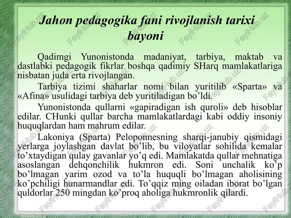 a hukmron guruhlarning — faylasuflar va jangchilarning manfaatlarini ko’zlamog’i lozim. platon o’zining pedagogika tizimida sparta va afina tizimining ba’zi bir belgilarini birlashtirishga intiladi. platonning fikricha, bolalar 3 yoshdan boshlab 6 yoshgacha davlat tomonidan tayinlab qo’yilgan tarbiyachilar rahbarligida maydonchalarda turli o’yinlar o’ynash bilan shug’ullanishlari muhim bo’lgan. platon o’yinlarni maktabgacha tarbiya vositasi deb hisoblab, ularga katta ahamiyat beradi, shuningdek, bolalarga hikoya qilib beriladigan materiallarni sinchiklab tanlash kerakligini ham uqtirib o’tadi. u bolalarga eng yoshlik chog’idanoq ijtimoiy tarbiya berish tarafdori edi. bolalar 7 yoshdan 12 yoshgacha davlat maktablariga qatnaydilar va bunday maktablarda ularga o’qish, yozish, hisob, musiqa va ashula o’rgatiladi. bolalar 12 yoshdan 16 yoshgacha odatdagi badantarbiya mashqlari o’rganiladigan palastrada, ya’ni jismoniy tarbiya maktabida o’qiydilar. platon ham xotin-qizlar tarbiyasi xususida fikr yuritib, spartadagi usulni ma’qullaydi. arastu o’g’il bolalar 7 yoshdan boshlab davlat maktabida o’qishi lozim, deb uqtiradi. bolalarga aqliy tarbiya berilishi kerakligini aytib, u o’g’il bolalar avvalo badantarbiya muallimlarining qo’liga topshirilsin, deb talab …