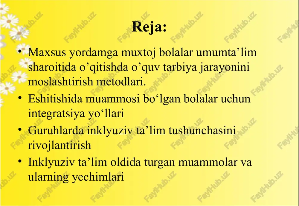 ki tarbiyachilaridan konsultatsiya olib maktabda inklyuziv sharoitda olgan bilimlarini mustahkamlash imkoniyatiga ega bo‘ladi. bunday imkoniyat eshitmaydigan bola uchun muloqot imkoniyati va undagi ta’limiy, bilim olish imkoniyatlarining rivojlanishiga turtki bo‘ladi, chunki umumta’lim maktabida o‘z sinfdoshlarining fanlar bo‘yicha erishgan yutuqlarining guvohi bo‘lar ekan, ular ongida ularga yetib olish, ularga havas yilish hissi paydo bo‘lishga kuchli motivatsiya paydo bo‘ladi. lekin ulardagi nutqning chegaralanganligi umumta’lim maktabi sharoitida o‘z imkoniyatlarini to‘liq ochilishida katta qiyinchilik tug‘diradi va bunday sharoitda mutaxassis surdopedagog o‘qituvchilar ularga katta yordam beradilar. 11 eshitishida turli darajada muammolari bo‘lgan bolalarni ta’lim jarayonida qo‘llab quvvatlash o‘qituvchilar uchun tavsiyalar: eshitmaydigan bola bilan ishlaydigan har bir o‘qituvchi bolaning o‘ziga xos individual xususiyati, eshitish va nutqiy imkoniyati hakida to‘liq ma’lumot va tasavvurga ega bo‘lishi lozim. eshitishida muammosi bo‘lgan bola bilan ishlash o‘qituvchi va sinfdoshlari tomonidan alohida individual yondashuv va katta e’tiborni talab qiladi. sinfda quyidagi shart-sharoitlar e’tiborga olinishi zarur: eshitmaydigan o‘quvchi o‘ng qatordagi birinchi partaning o‘ng tomoniga …