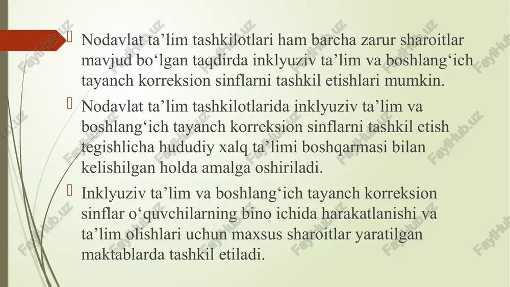 -harakat apparatida nuqsoni bo‘lgan, mustaqil ravishda harakatlana olmaydigan va o‘z-o‘ziga xizmat ko‘rsata olmaydigan bolalar; ko‘r-kar-soqov bolalar; tez-tez takrorlanadigan epileptik tutqanoqdan aziyat chekadigan (epileptik demensiya, kunduzgi va tungi vaqtlarda tutqanog‘i tez-tez takrorlanadigan) bolalar; markaziy asab tizimiga shikast yetganligi tufayli siydik va najasini ushlab turolmaydigan bolalar. inklyuziv ta’lim sinflari va boshlang‘ich tayanch korreksion sinflarda o‘quv-ta’lim jarayonini tashkil etish. inklyuziv ta’lim sinflarida jami o‘quvchilar soni 30 nafardan oshmasligi kerak. ushbu sinflarda umumiy o‘rta ta’lim dasturlari bo‘yicha ommaviy tarzda o‘qiyotgan o‘quvchilar bilan birga maxsus (korreksion) dasturlar asosida o‘qiyotgan alohida ta’lim ehtiyojlari bo‘lgan o‘quvchilar soni 3 nafardan oshmasligi lozim. inklyuziv ta’lim sinflari va boshlang‘ich tayanch korreksion sinflarga faqat bir xil tibbiy tashxisdagi o‘quvchilar qabul qilinadi. maktablarda inklyuziv ta’lim sinflari va boshlang‘ich tayanch korreksion sinflar soni bir parallel sinflarda 2 tadan ortiq tashkil etilmaydi. boshlang‘ich tayanch korreksion sinflarda o‘quvchilar soni amaldagi alohida ta’lim ehtiyojlari bo‘lgan bolalar (shaxslar) uchun davlat ixtisoslashtirilgan ta’lim muassasalari (maktablar, maktab-internatlar) sinflaridagi o‘quvchilar …